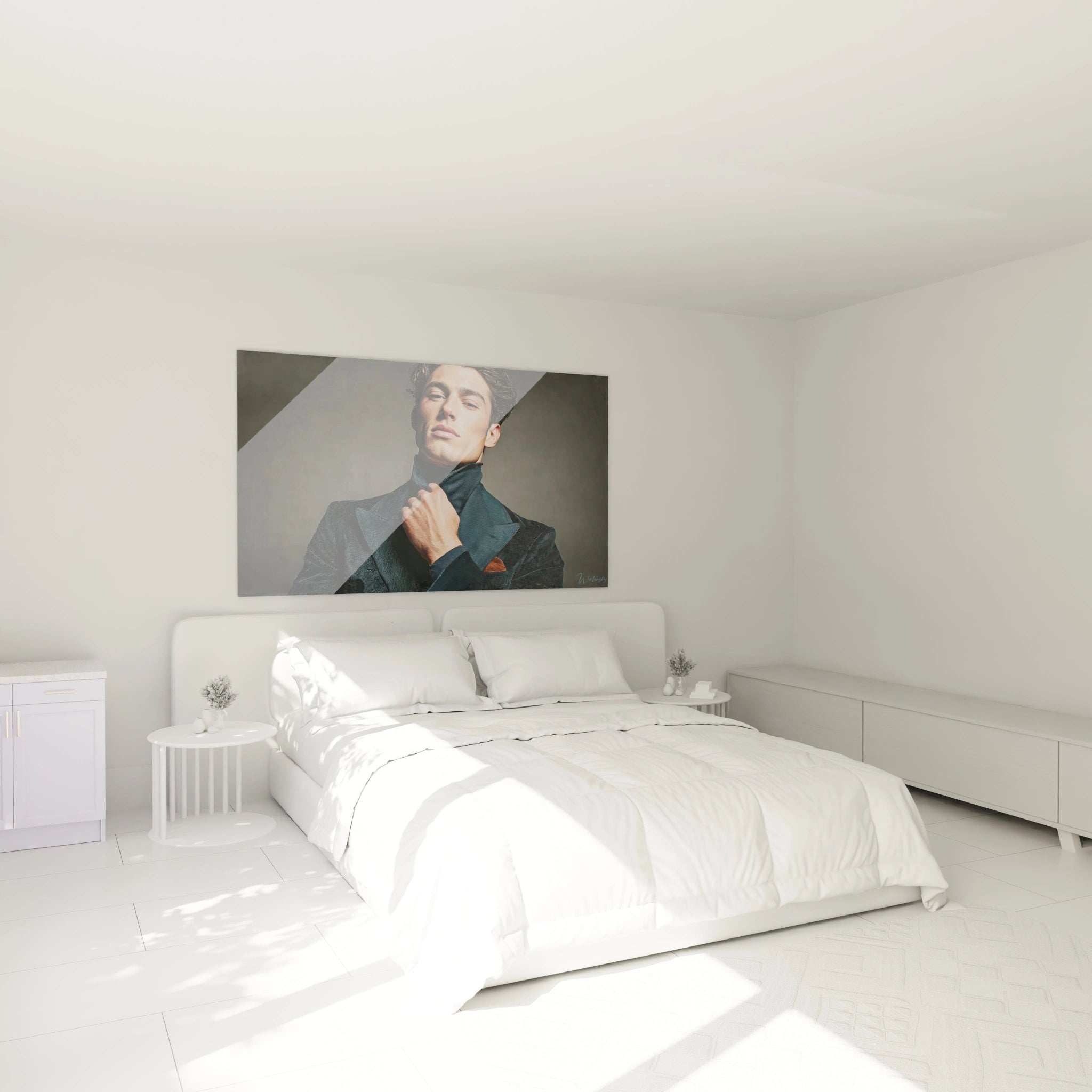 Tableau beauté masculine de Walensky accroché au mur d'une chambre moderne avec lit et mobilier blanc