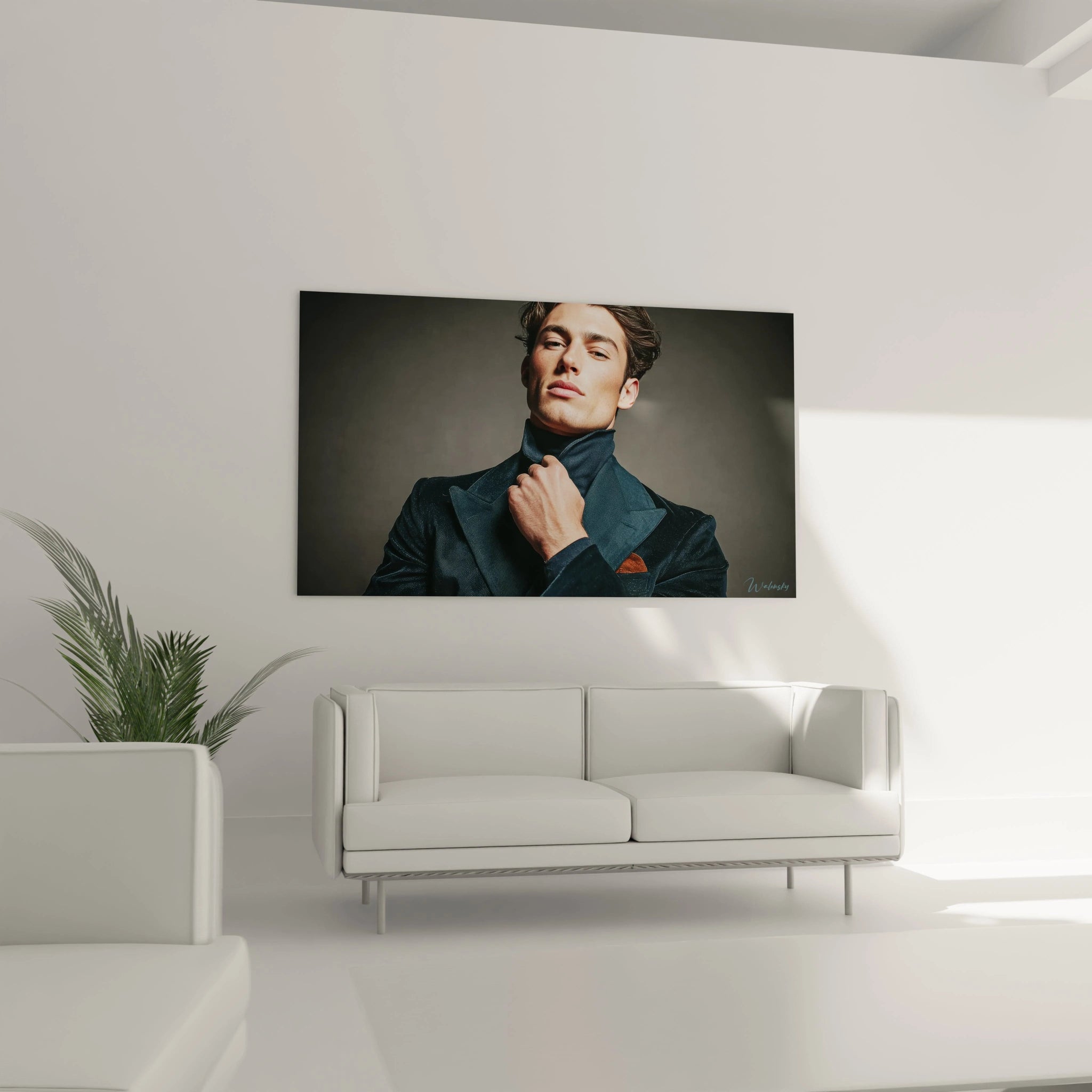 Tableau beauté masculine de Walensky représentant un homme au style élégant dans un intérieur moderne