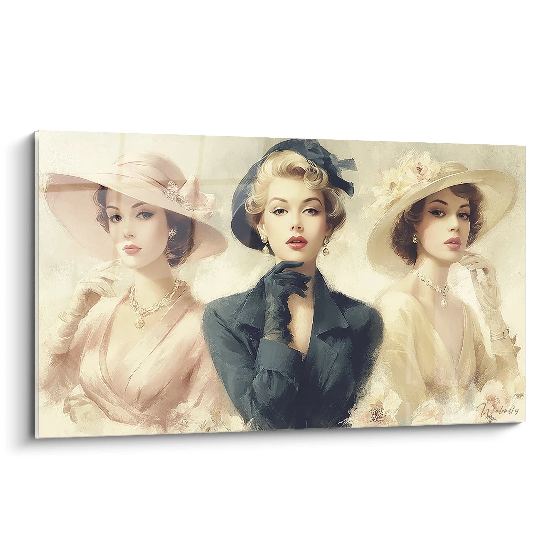 Tableau mural mode vintage femme montrant trois femmes élégantes en chapeaux et bijoux raffinés