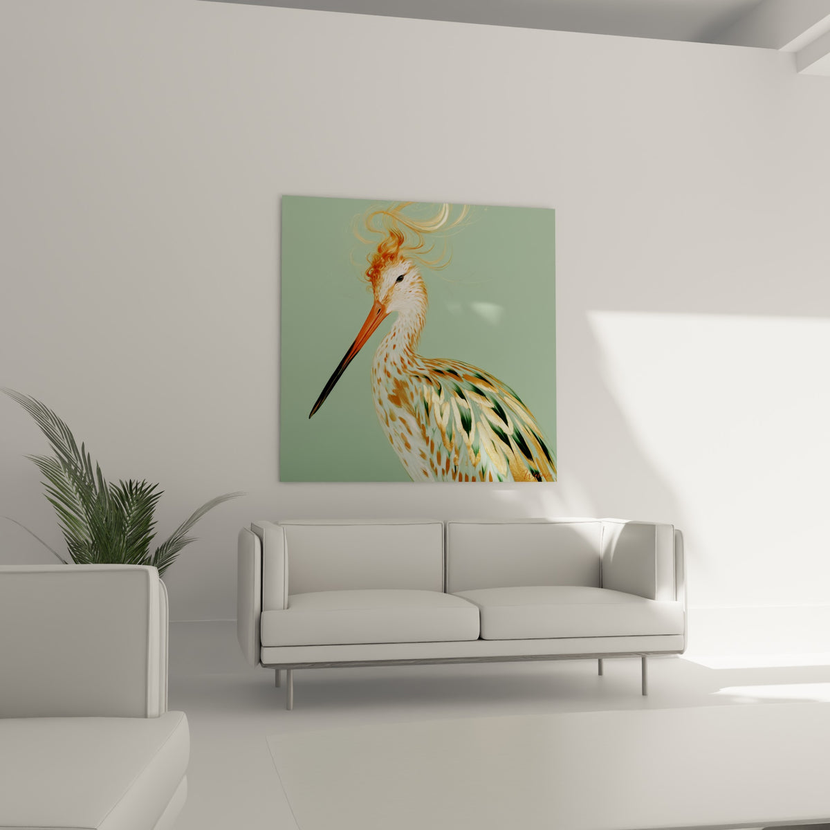 Oiseau au bec effilé orangé et plumage doré vert sauge, disposé au-dessus d'un canapé dans un salon lumineux