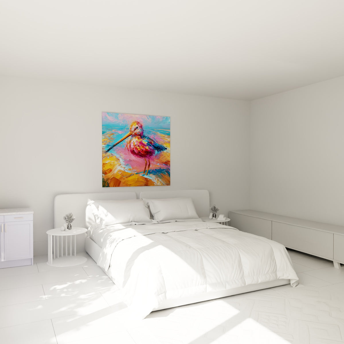 Échassier aux tons rose fuchsia et ocre peint à la spatule, accroché au-dessus d'un lit dans une chambre claire