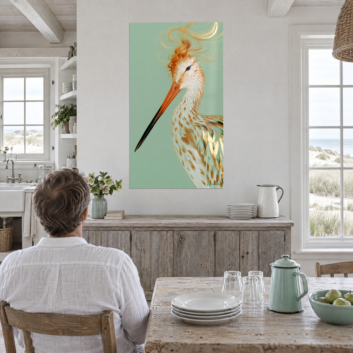 Wall art woodcock with graceful profile, golden crest in swirls, orange bill and soft green background, in a seaside kitchen