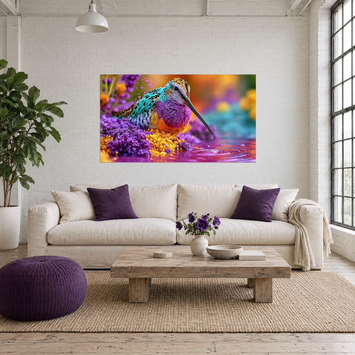 Gemälde Vogel mit langem schwarzem Schnabel, türkis-violettes Gefieder auf gelben Blumen, über einem Sofa in einem hellen Wohnzimmer