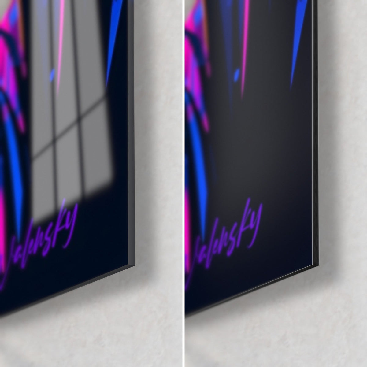 Wall art of a neon bird, lower right corner: glossy acrylic glass reflecting the window, matte black Dibond, 3 mm edge