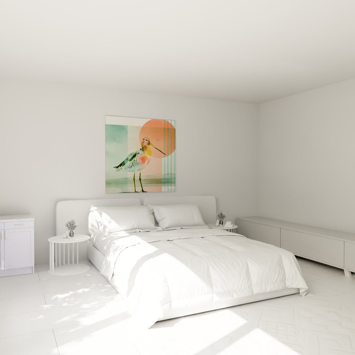 Silhouette de bécasse aux teintes pêche et anthracite accrochée au-dessus d'un lit dans une chambre claire