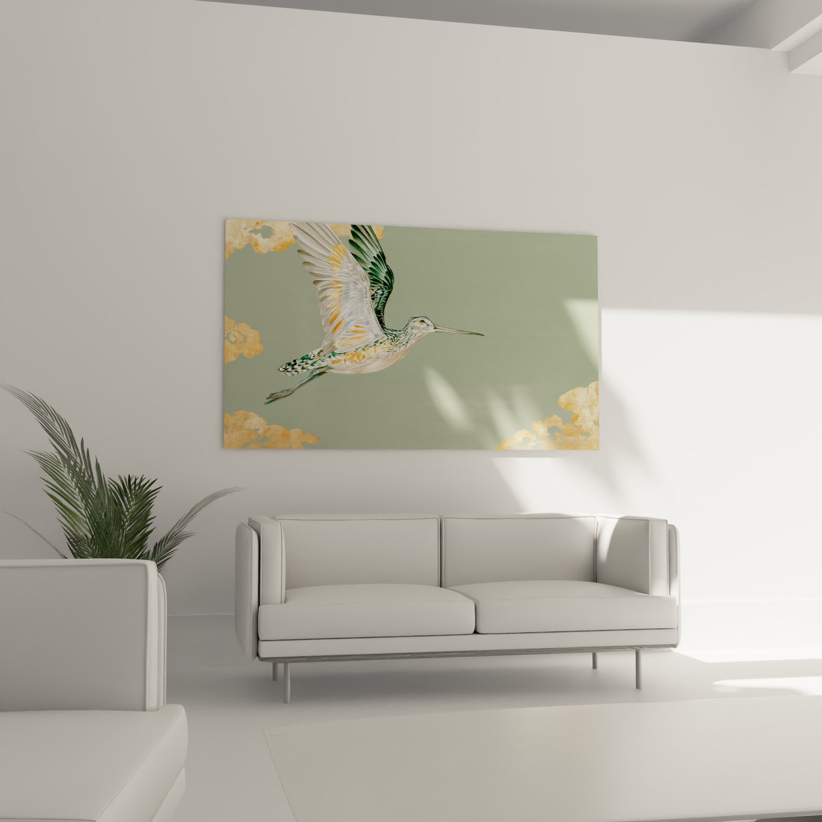 Silhouette gracieuse d'une bécasse blanche et verte au-dessus d'un canapé dans un salon lumineux