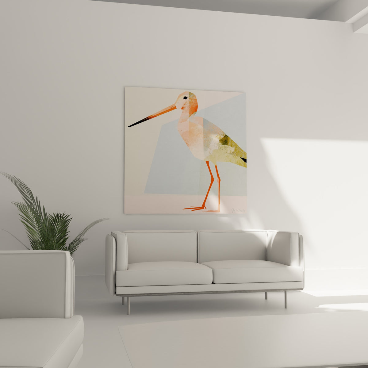 Silhouette de bécasse bleu pastel et rose crème au-dessus d'un canapé dans un salon lumineux