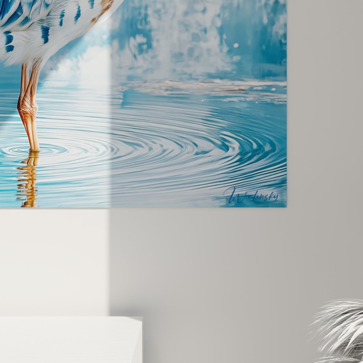 Détail des plumes bleu marine et blanches texturées de la Bécasse, effet aquarelle et empâtements visibles