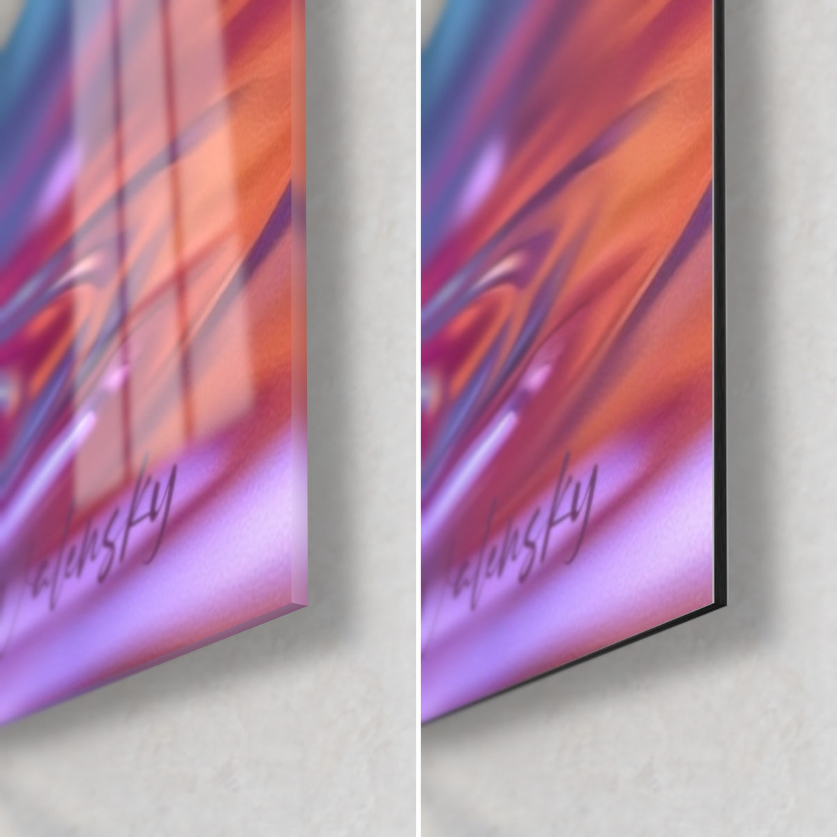 Gemälde Stelzvogel in Türkis und Violett, untere rechte Ecke: glänzendes Acrylglas links, mattes Dibond-Aluminium rechts, 3 mm Kante