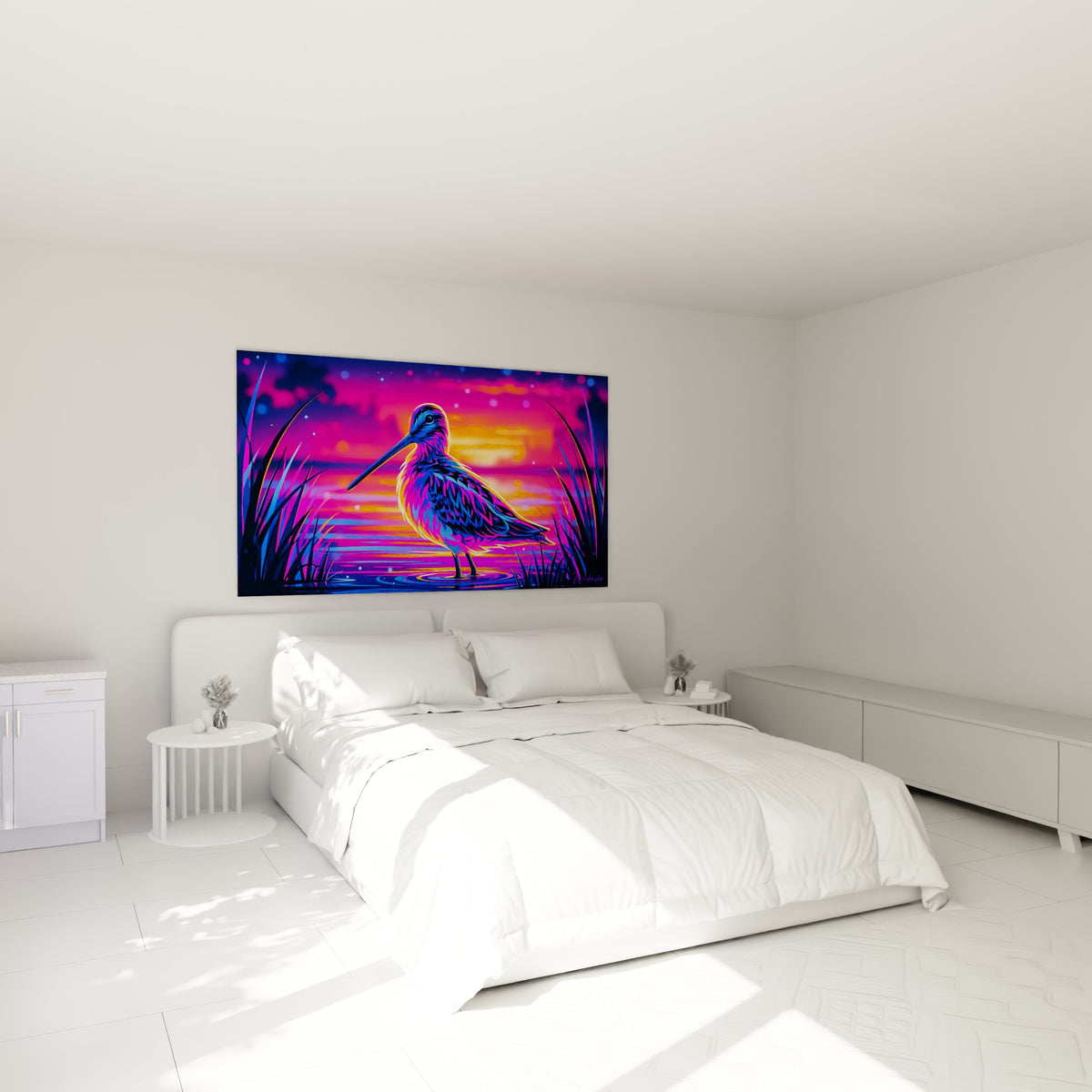 Échassier violet et bleu électrique au bec allongé, accroché au-dessus d'un lit dans une chambre claire