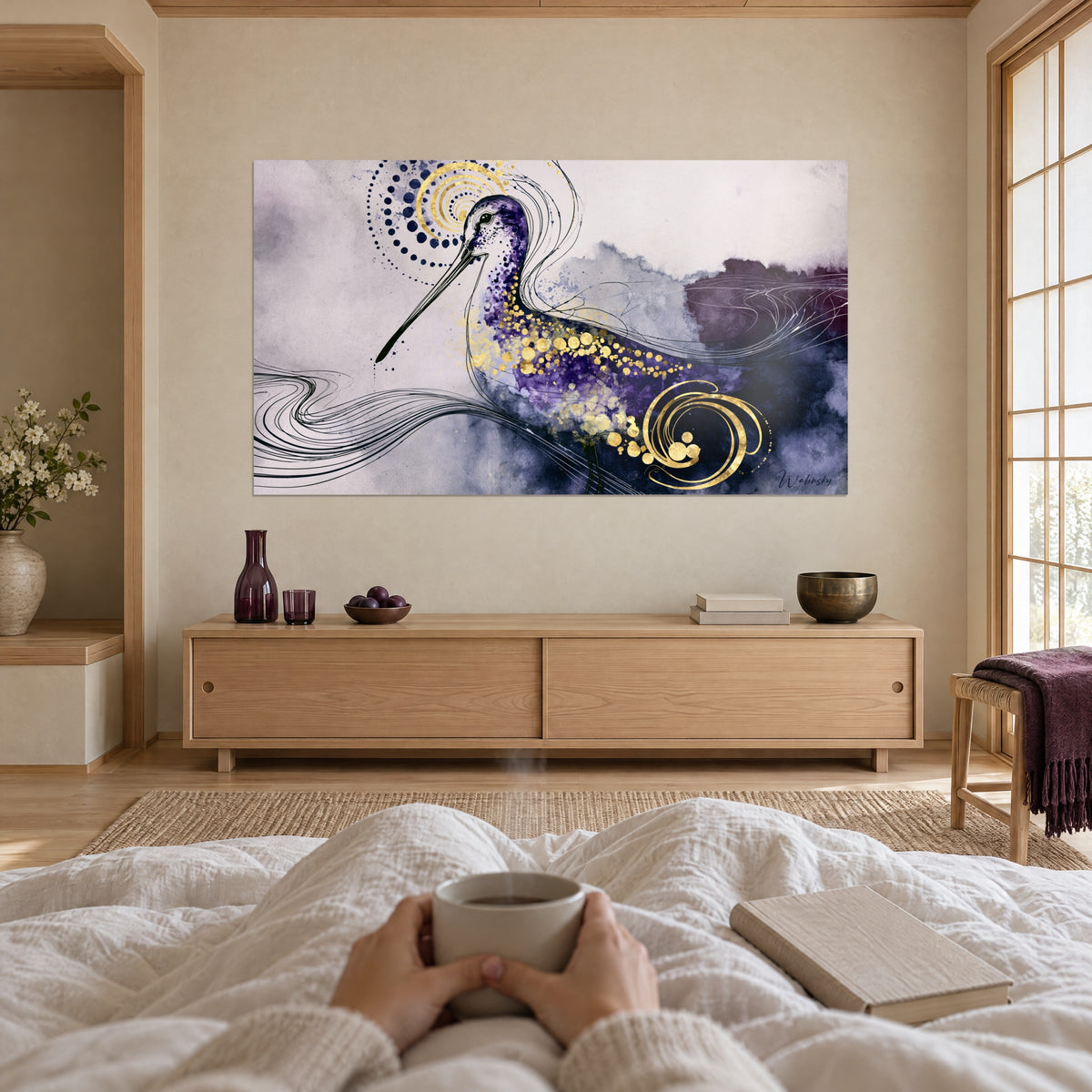 Gemälde Waldschnepfe in Violett mit feinem Schnabel und goldener Spirale, Pflaumenfedern und lavendelgrauer Hintergrund, über einem Bett in einem hellen Schlafzimmer