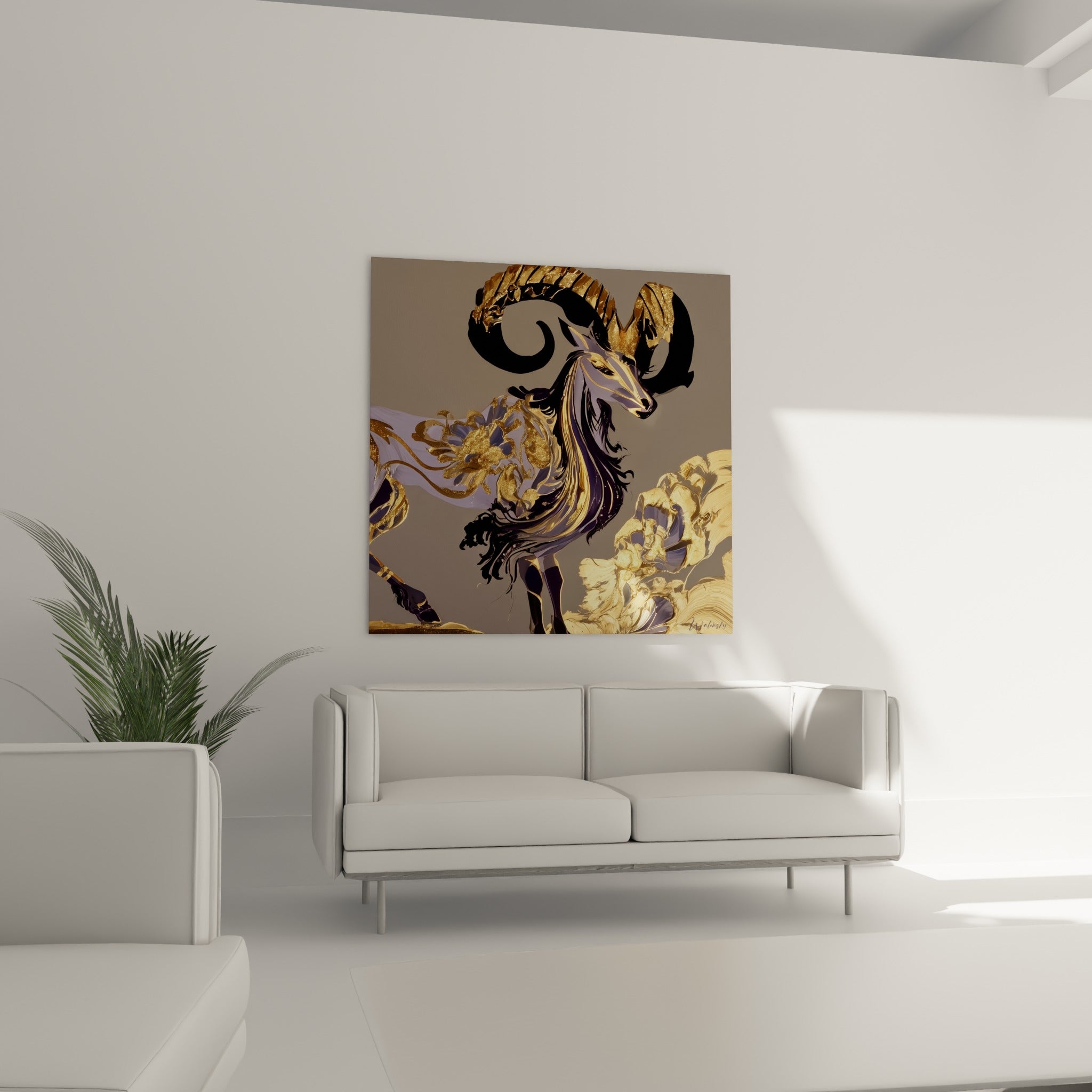 Silhouette anthracite et dorée du Bélier mythique, positionnée au-dessus d'un canapé dans un salon lumineux