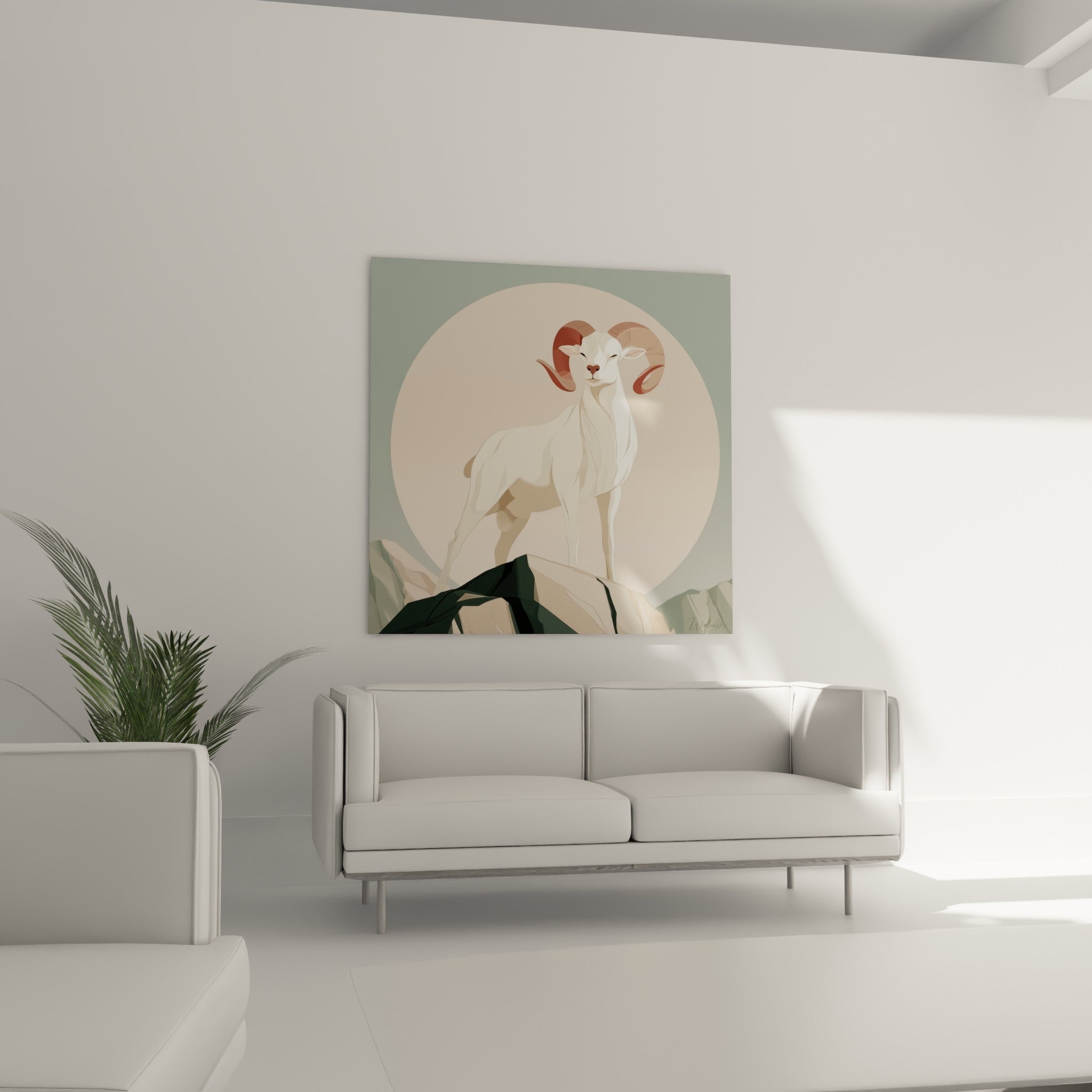 Bélier aux cornes torsadées terracotta placé au-dessus d'un canapé dans un salon lumineux