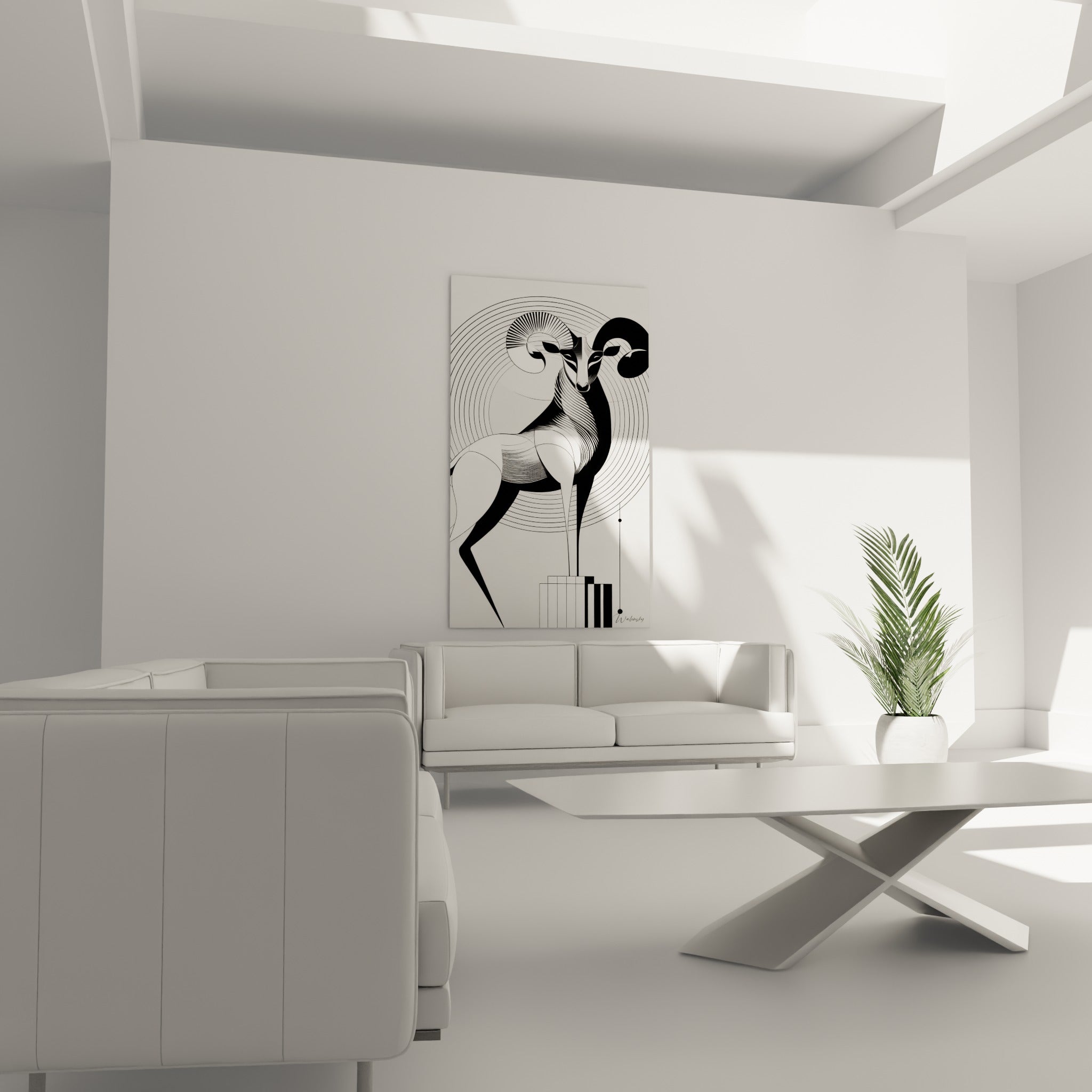 Silhouette graphique du Bélier anthracite et blanc sur socle architectural, au-dessus d'un canapé dans un salon lumineux