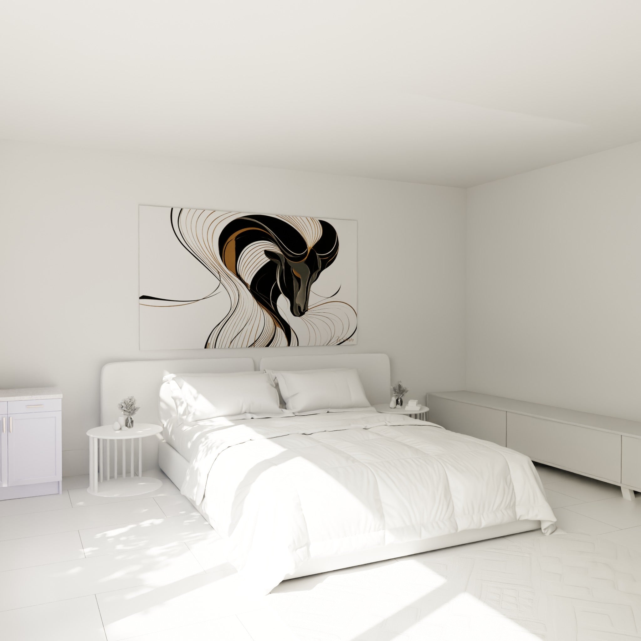 Silhouette de bélier anthracite et cuivré aux volutes fluides, au-dessus d'un lit dans une chambre claire