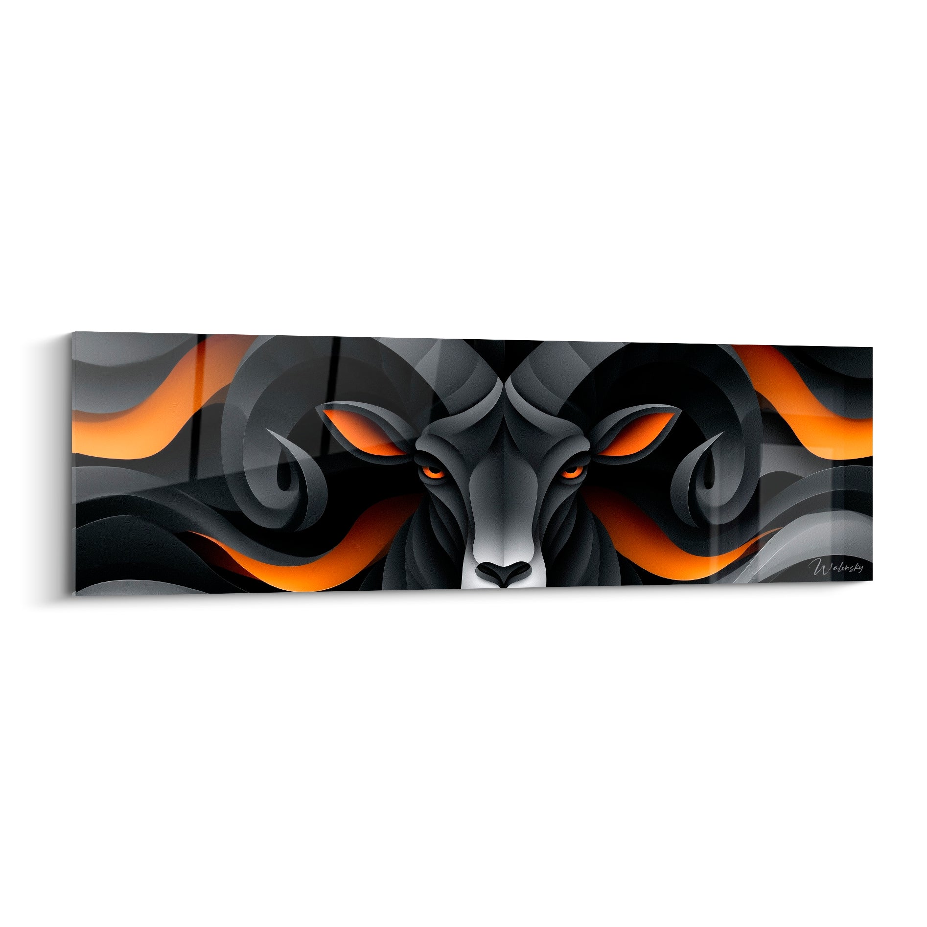 Bélier stylisé anthracite aux yeux orange perçants, cornes en volutes sur fond de flammes noires et orangées