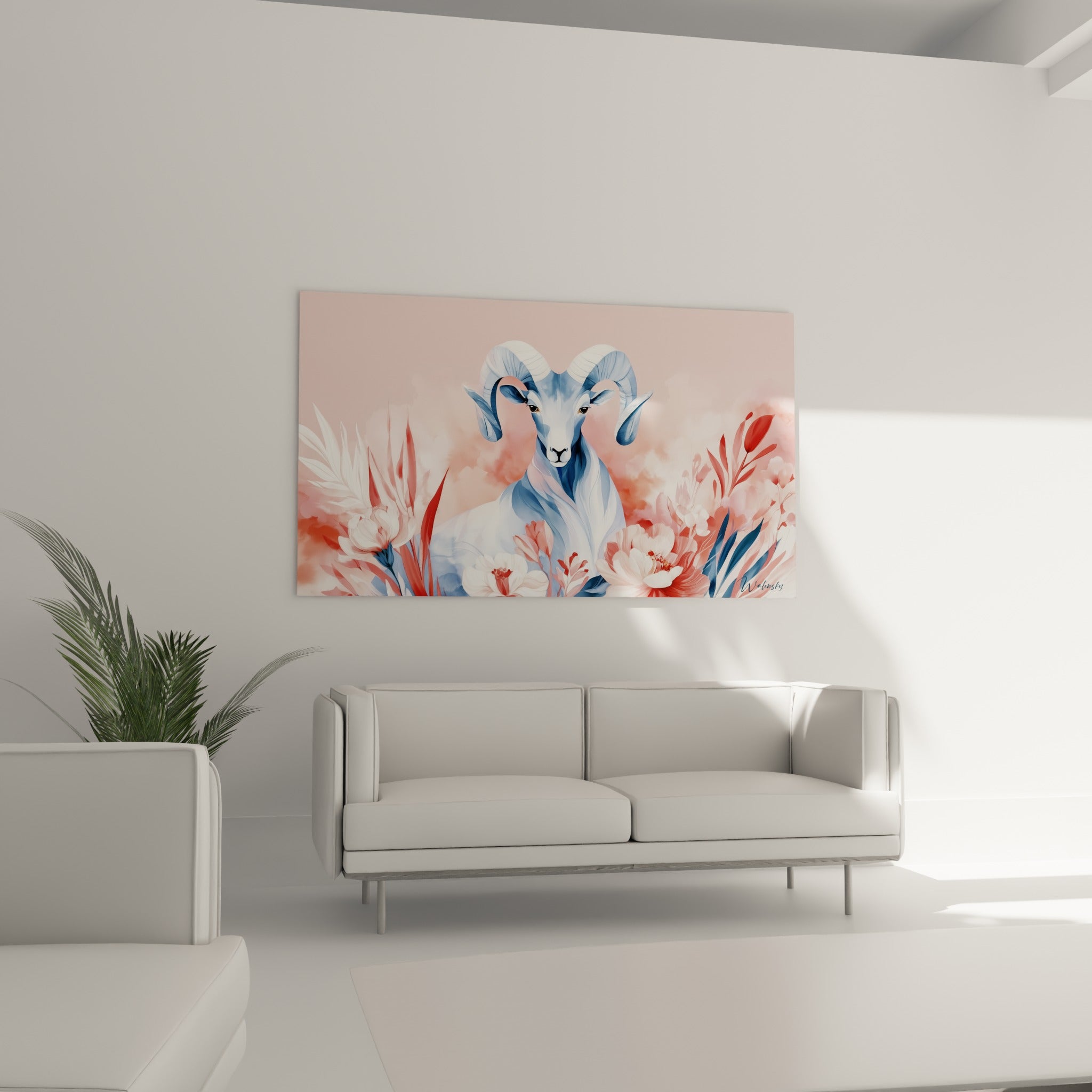 Silhouette du bélier en aquarelle bleue parmi les fleurs blanches, au-dessus d'un canapé dans un salon lumineux