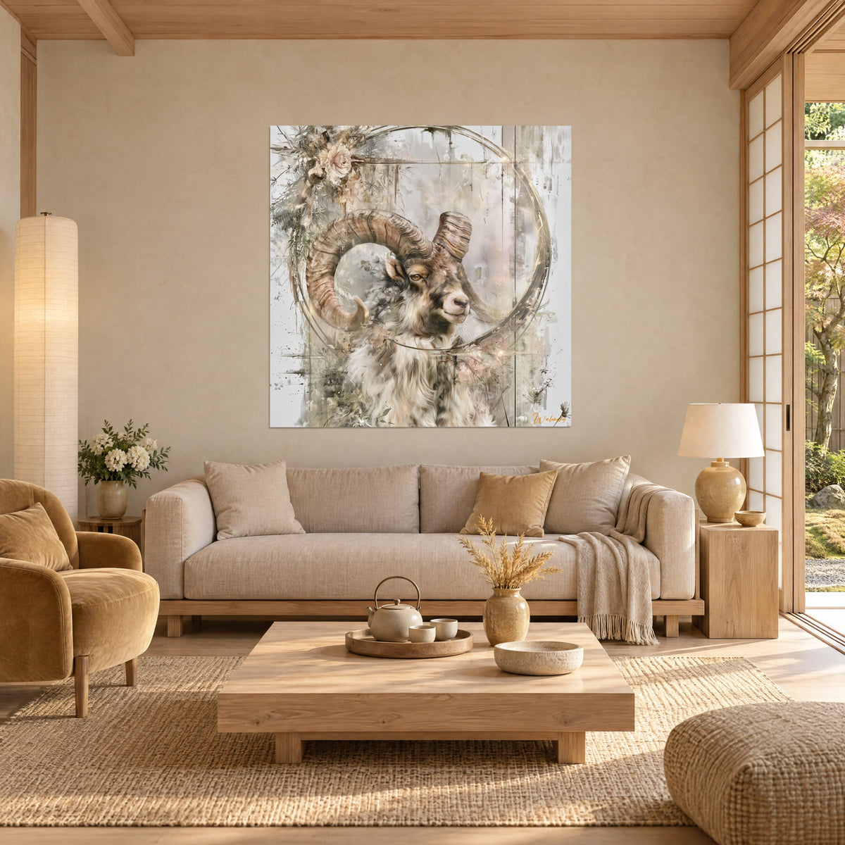 Schilderij ram met spiraalvormige oker hoorns en crème vacht in een gouden bloemencirkel, boven een bank in een lichte woonkamer
