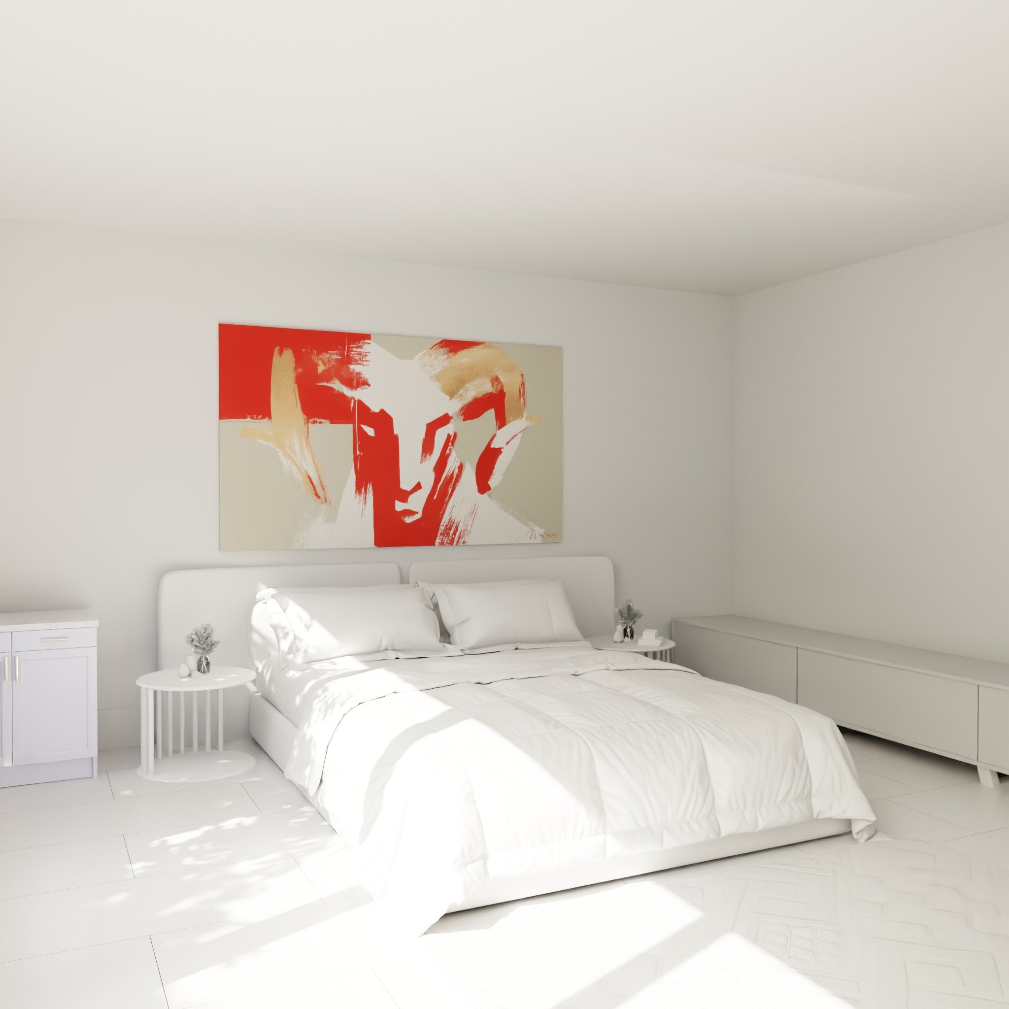 Silhouette du Bélier en rouge et doré au-dessus d'un lit dans une chambre claire