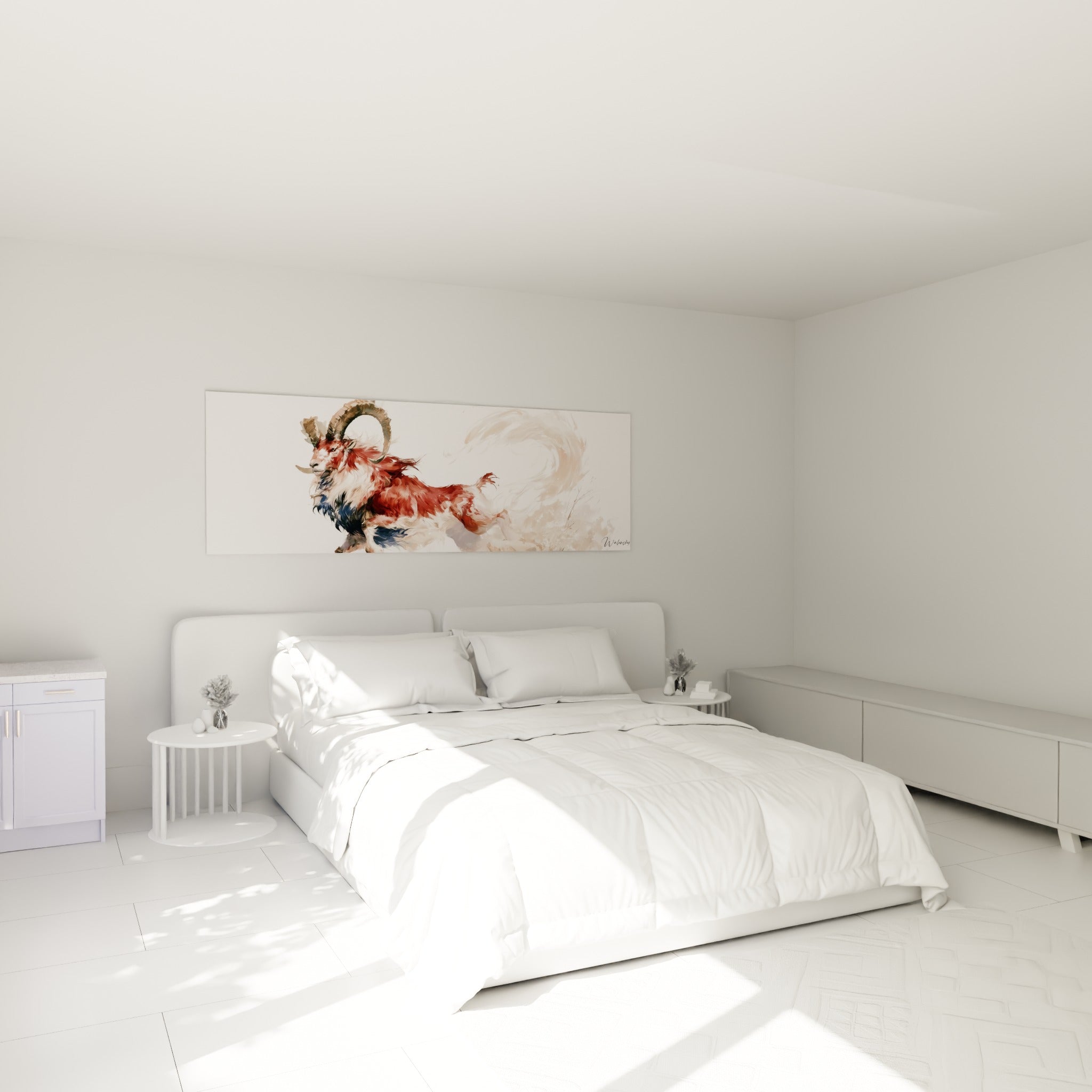 Silhouette du Bélier rouge et bleu marine en pleine course, au-dessus d'un lit dans une chambre claire