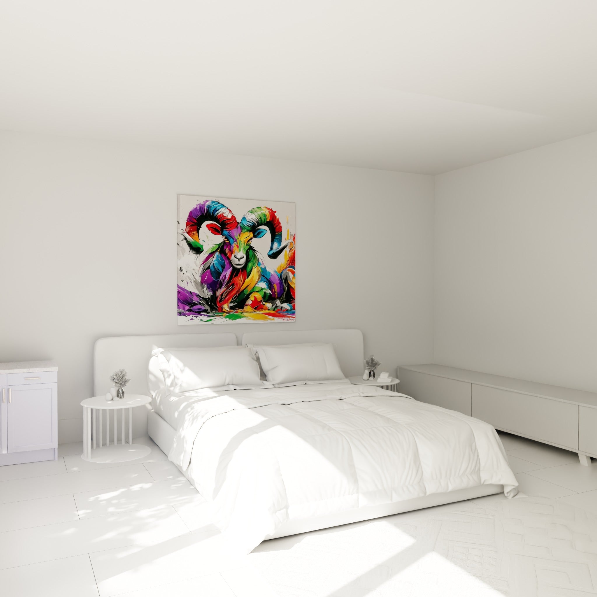 Cornes multicolores du bélier en bleu et vert au-dessus d'un lit dans une chambre claire