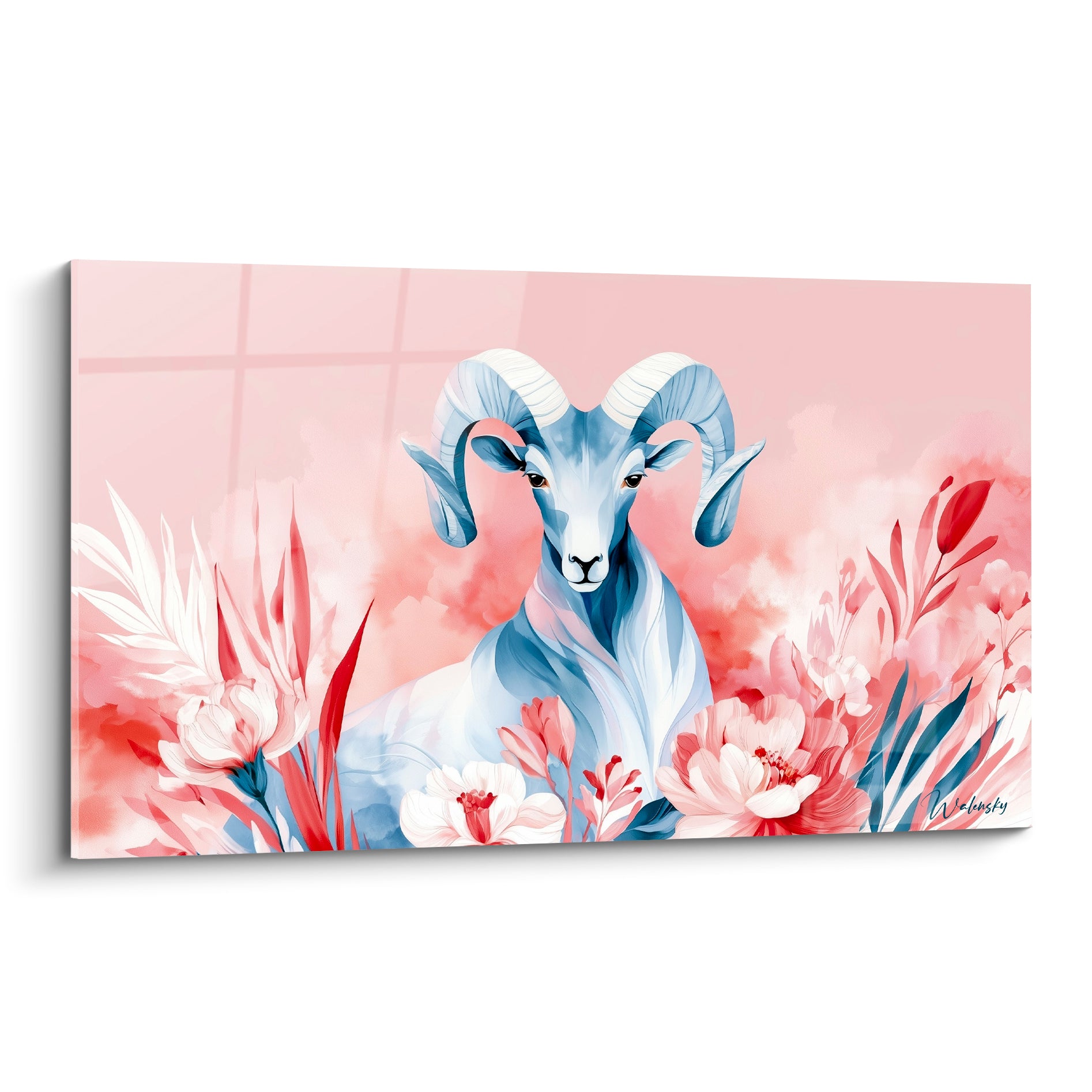 Bélier bleu poudré au regard doré, entouré de fleurs corail et blanches sur fond rosé
