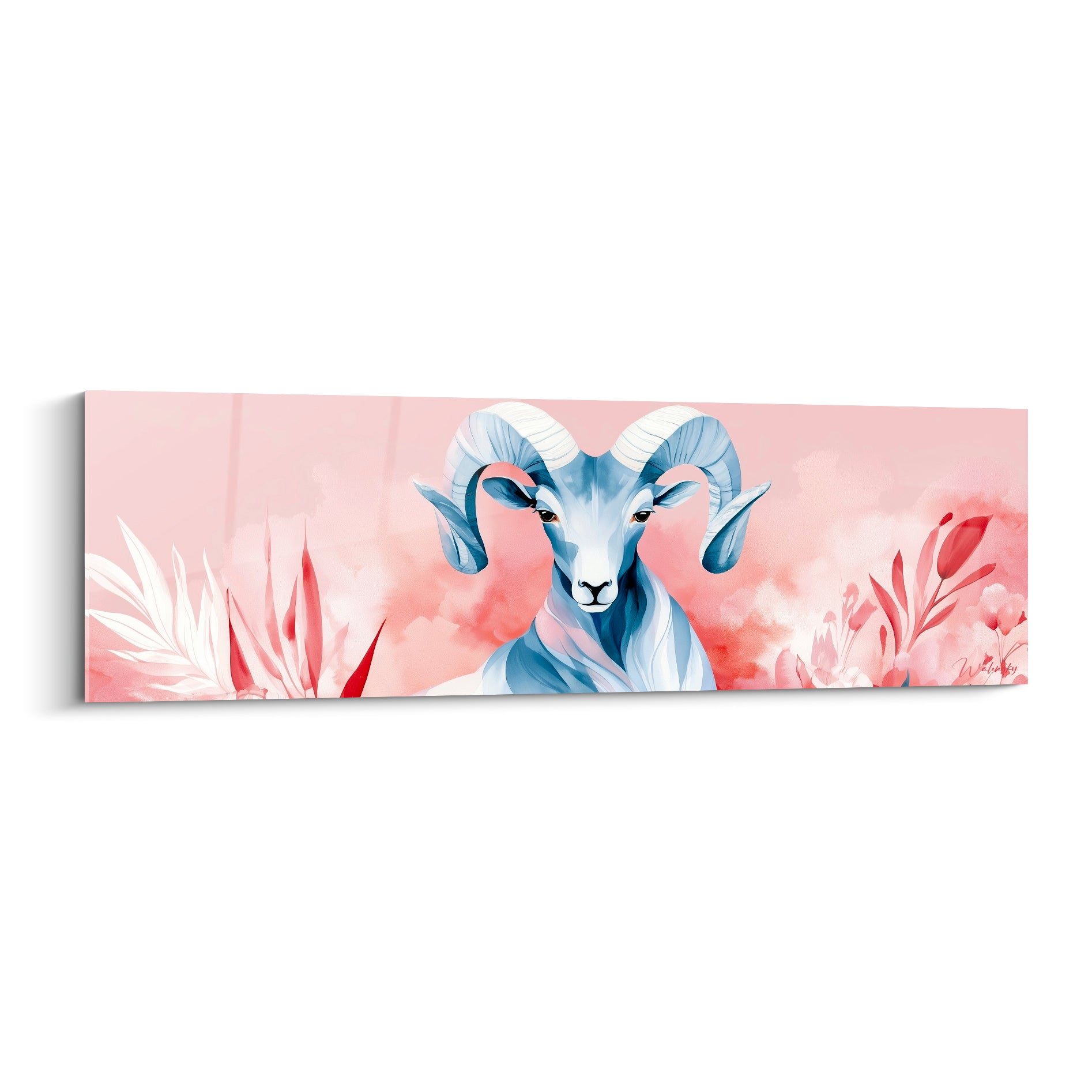 Bélier bleu poudré aux cornes blanches, fond rose corail et feuillages rouges peints
