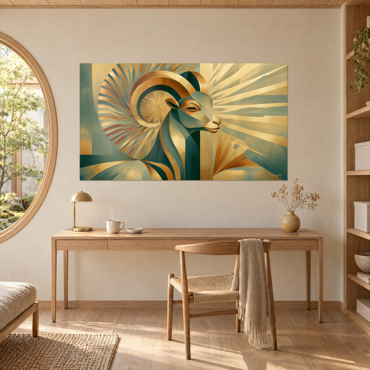Quadro muflone art déco, corno dorato a spirale e fasci verde salvia e oro, sopra una scrivania in legno chiaro accanto a una finestra rotonda