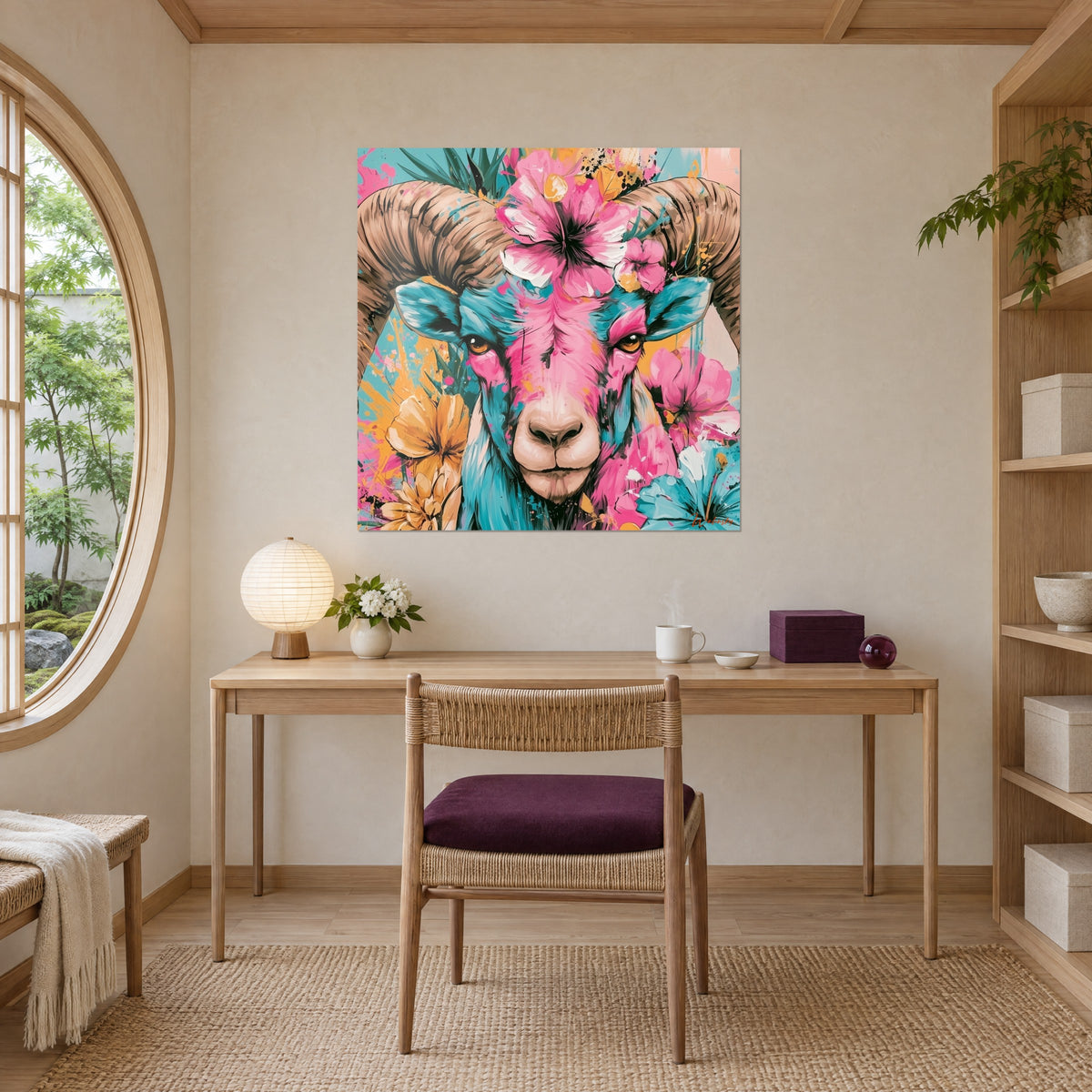 Cuadro carnero gráfico, ojos ámbar, flores rosa vivo y amarillo azafrán, salpicaduras de pintura, encima de un escritorio de madera clara