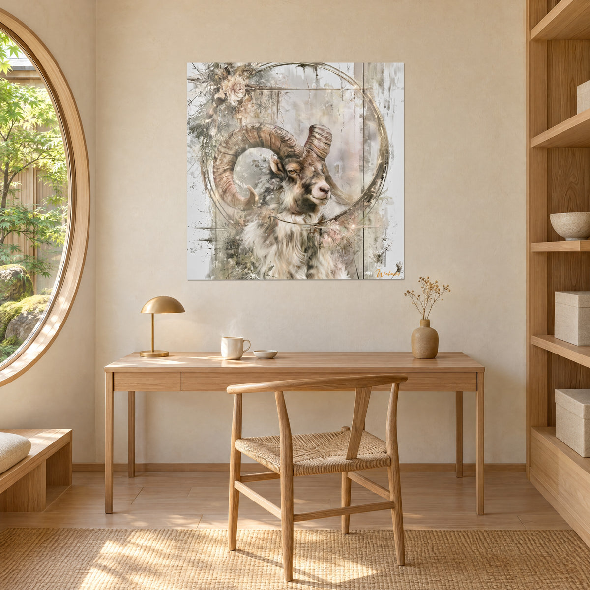 Schilderij ram met beige wol met grijze tinten, okerkleurige hoorns en gouden cirkel, crèmekleurige muur, licht houten bureau, gevlochten stoel