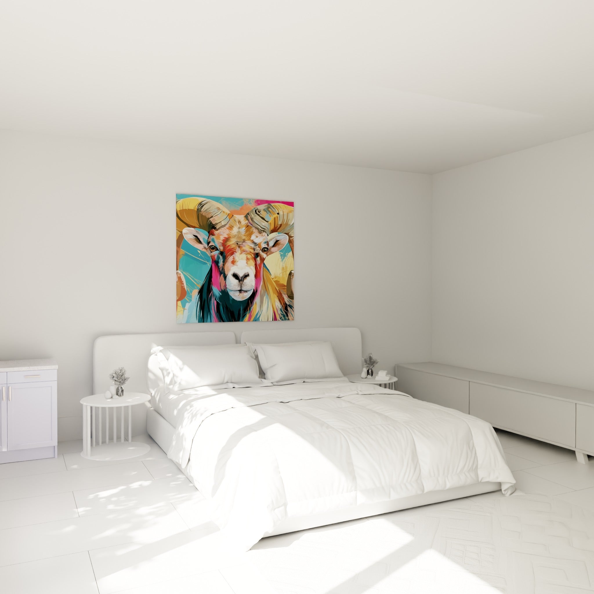 Cornes massives et regard intense du Bélier coloré, accroché au-dessus d'un lit dans une chambre claire