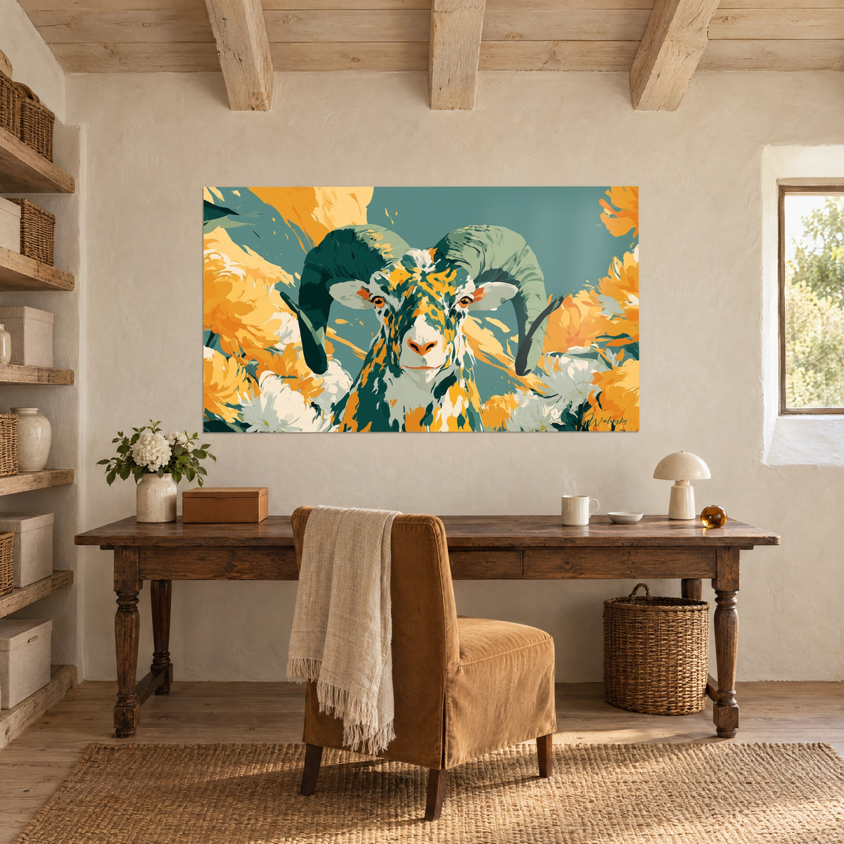 Wall art stylised mouflon with sage green horns, blue-green background and orange chrysanthemums, wooden desk in a country house
