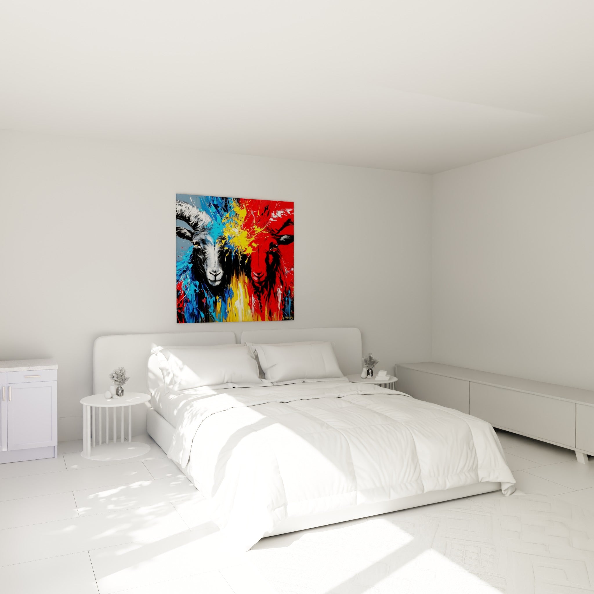 Deux profils de bélier contrastés en rouge et bleu électrique, accrochés au-dessus d'un lit dans une chambre claire