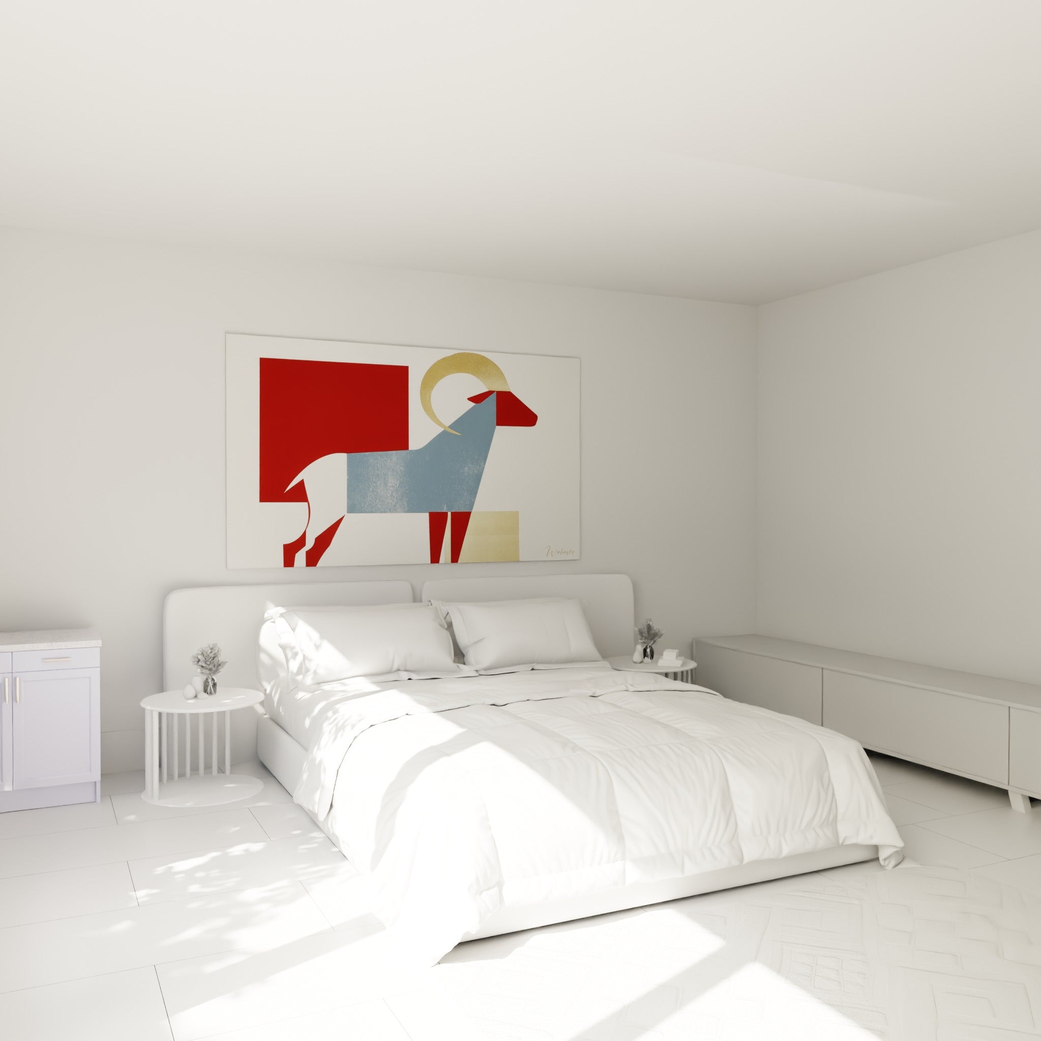 Silhouette de bélier géométrique rouge et bleu ardoise, corne dorée, au-dessus d'un lit dans une chambre claire