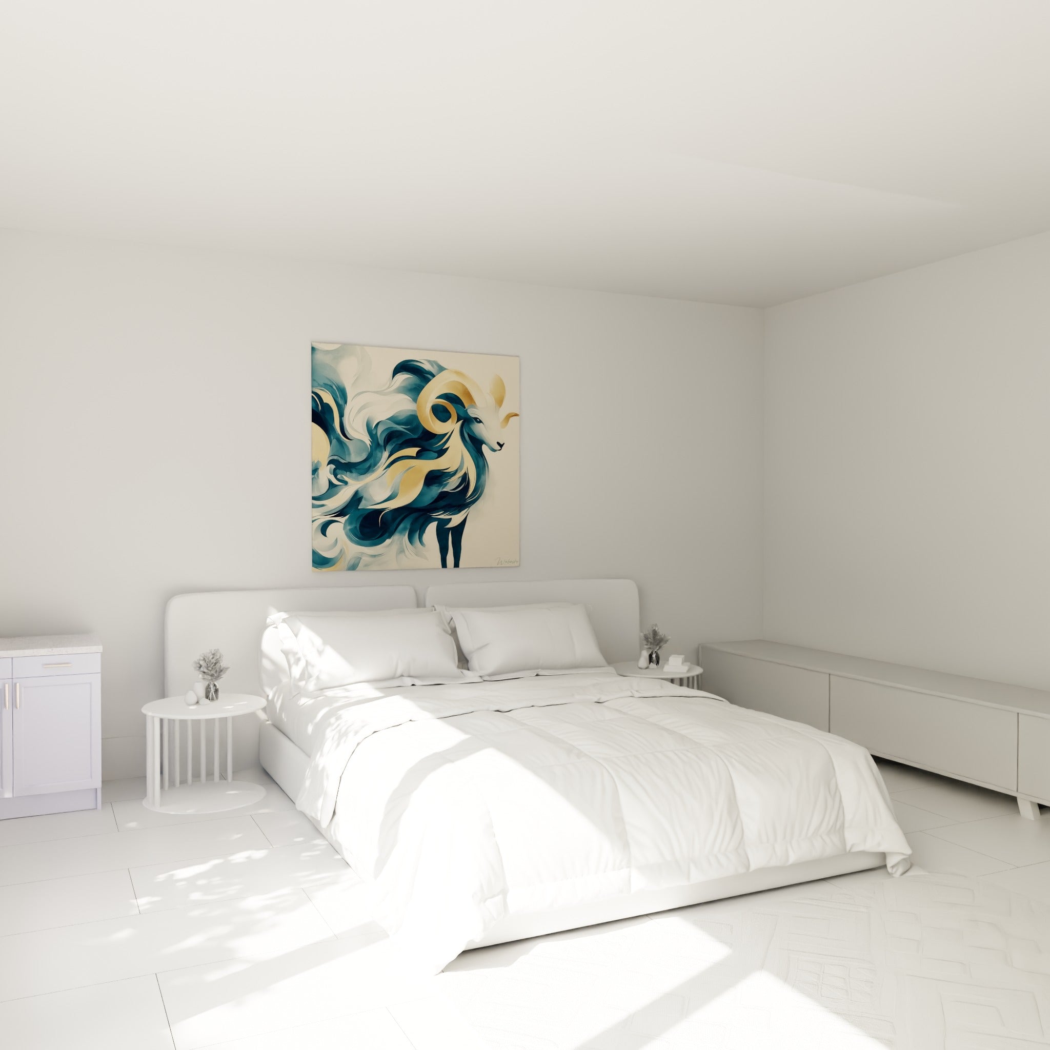 Corne enroulée dorée et pelage bleu nuit du Bélier au-dessus d'un lit dans une chambre claire