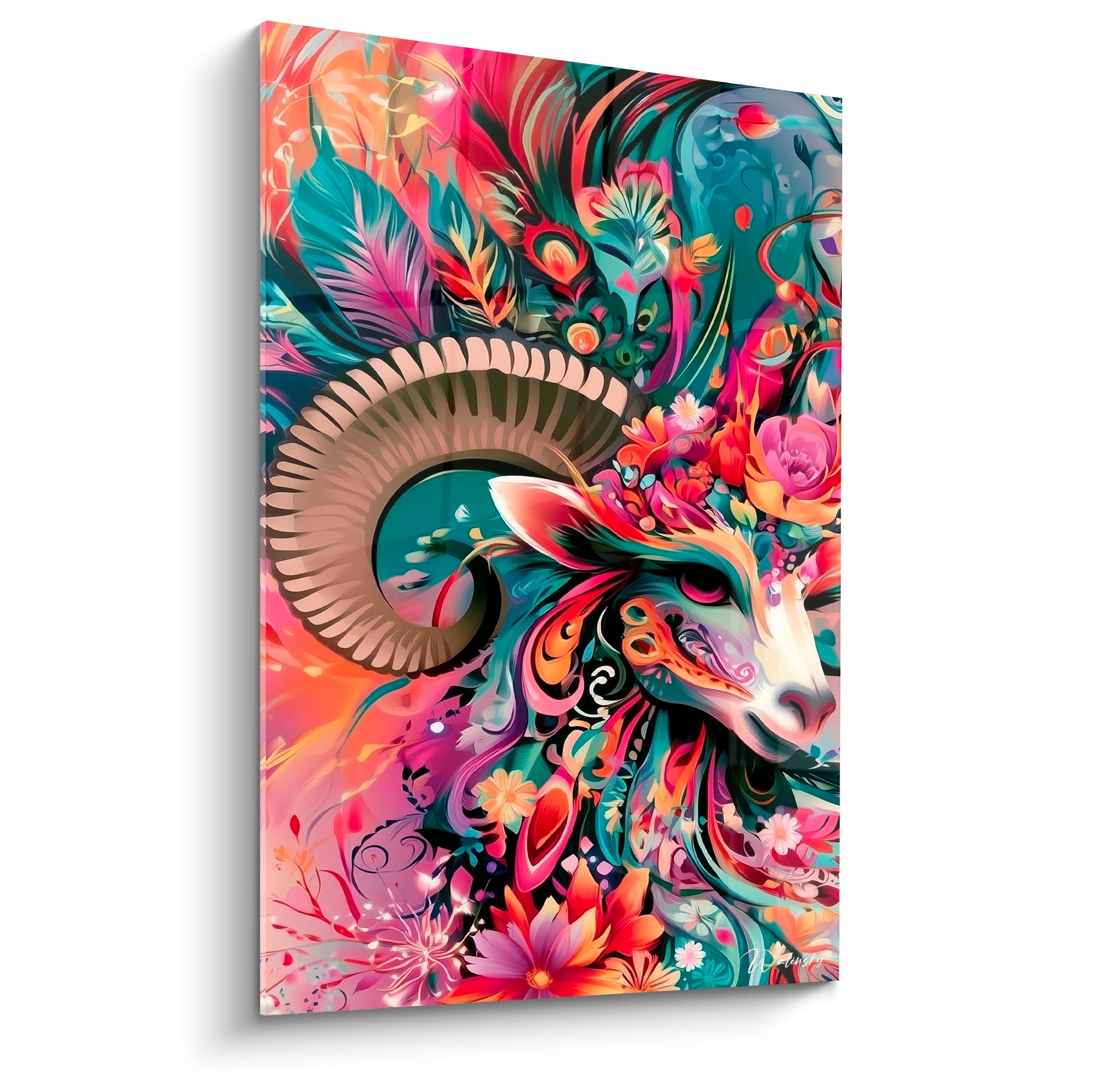 Bélier illustré avec corne ocre en spirale et couronne florale corail et turquoise éclatante