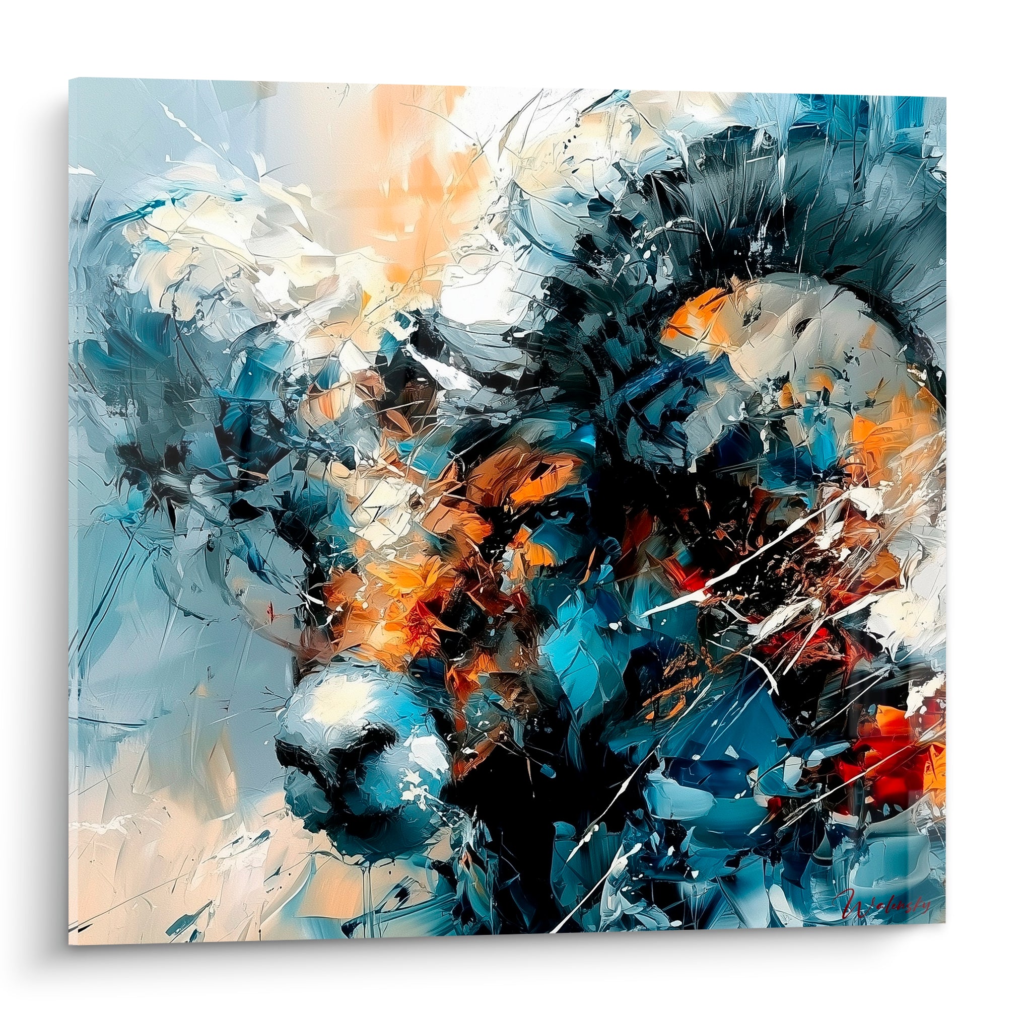 Bélier peint en bleu anthracite et ocre, cornes torsadées, matière gestuelle intense