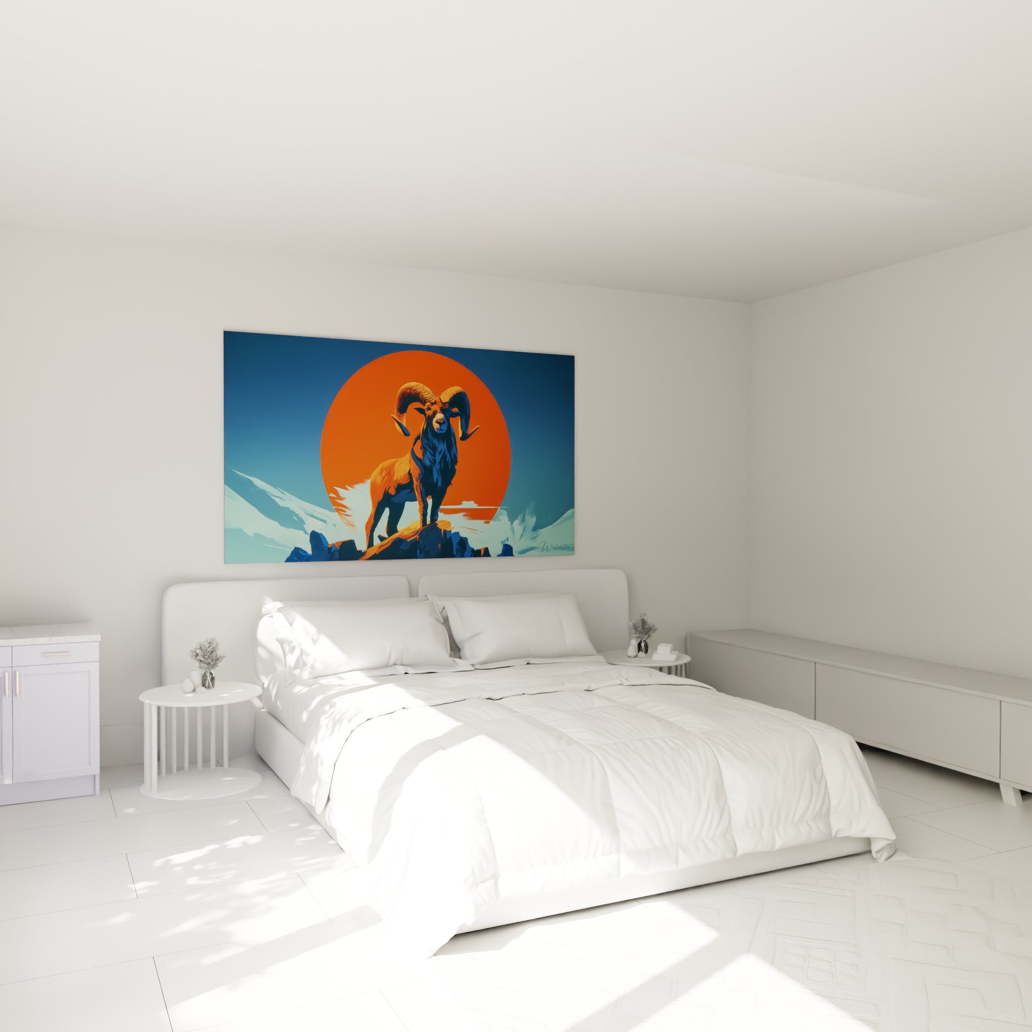Cornes massives et robe orange du Bélier se détachent sur fond de rocher bleu nuit, au-dessus d'un lit dans une chambre claire