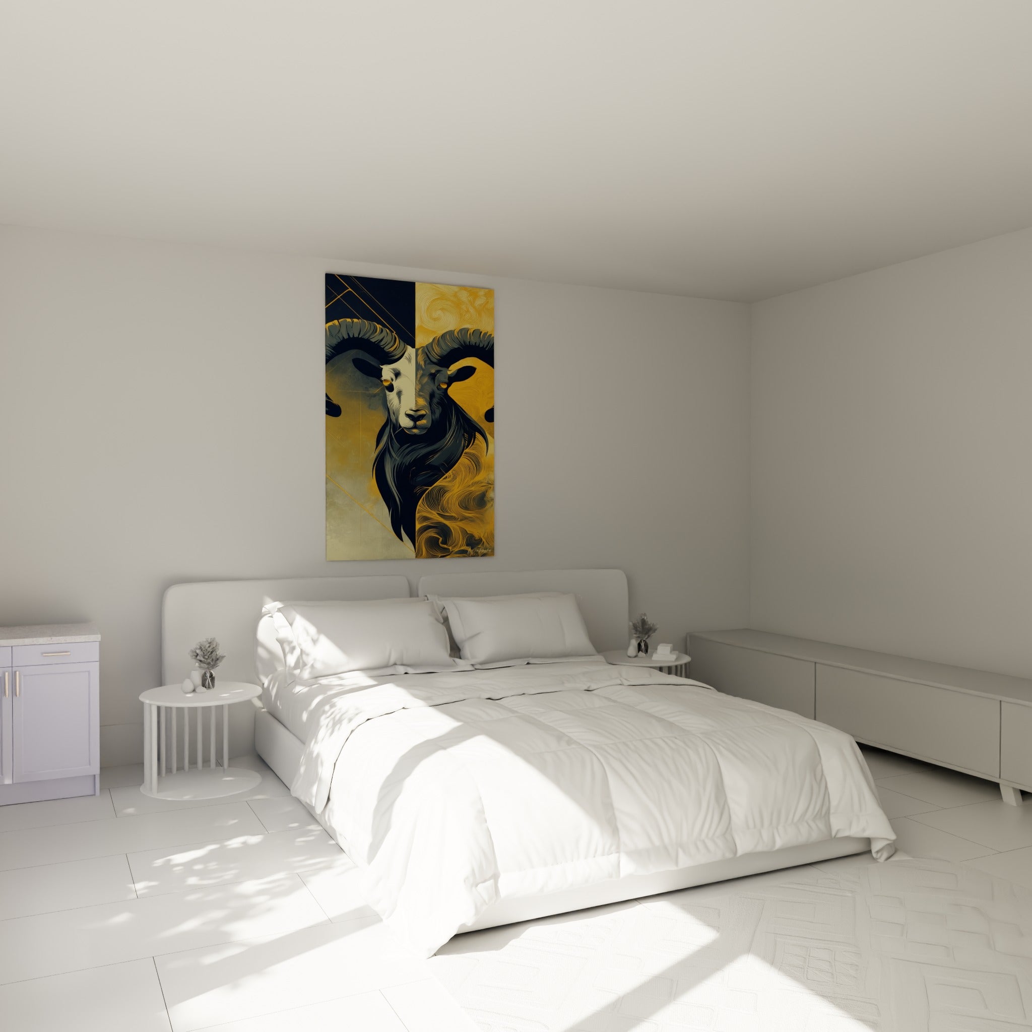 Cornes massives et fourrure fluide du Bélier ocre et anthracite, au-dessus d'un lit dans une chambre claire