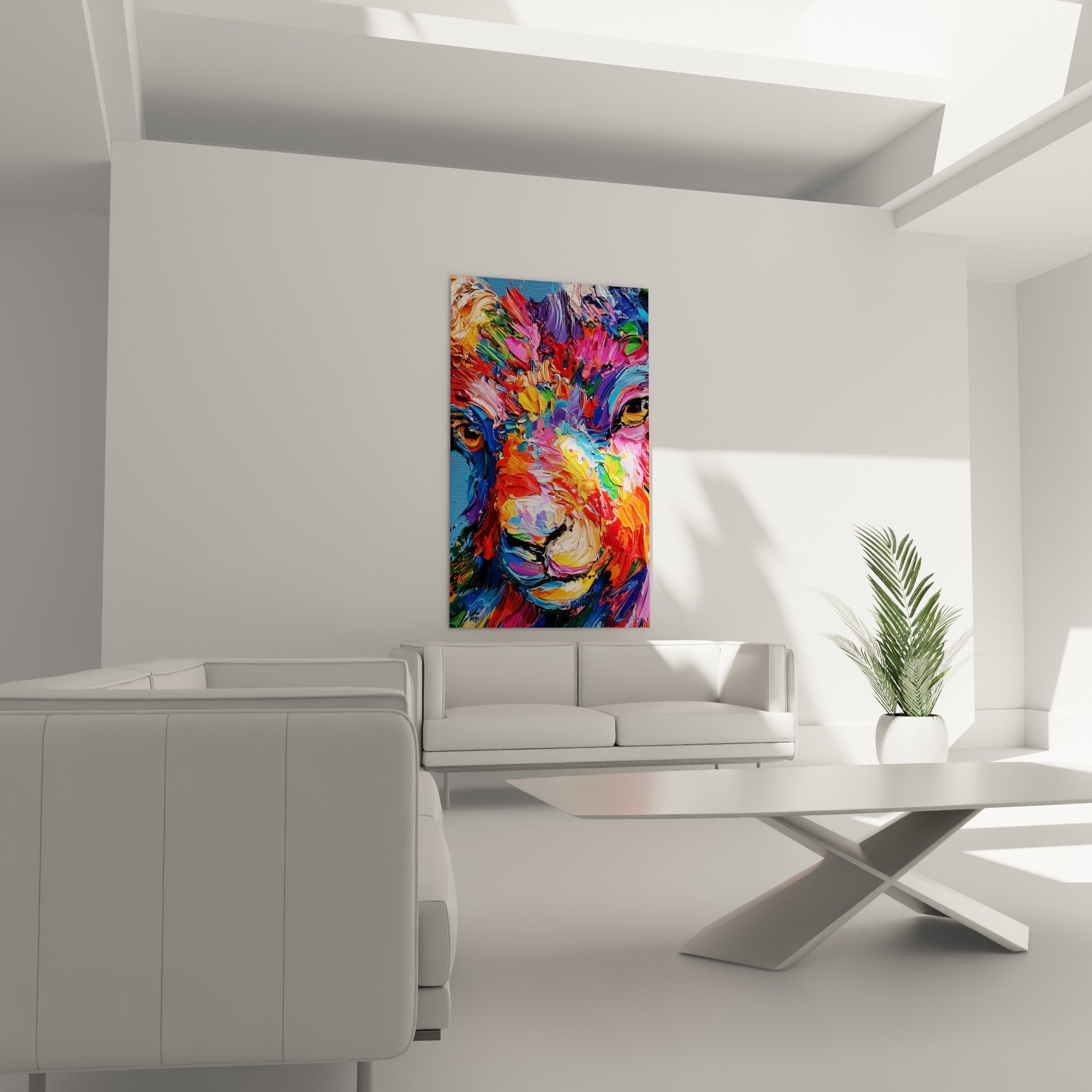 Cornes stylisées du Bélier dans un camaïeu bleu marine et doré, au-dessus d'un canapé dans un salon lumineux