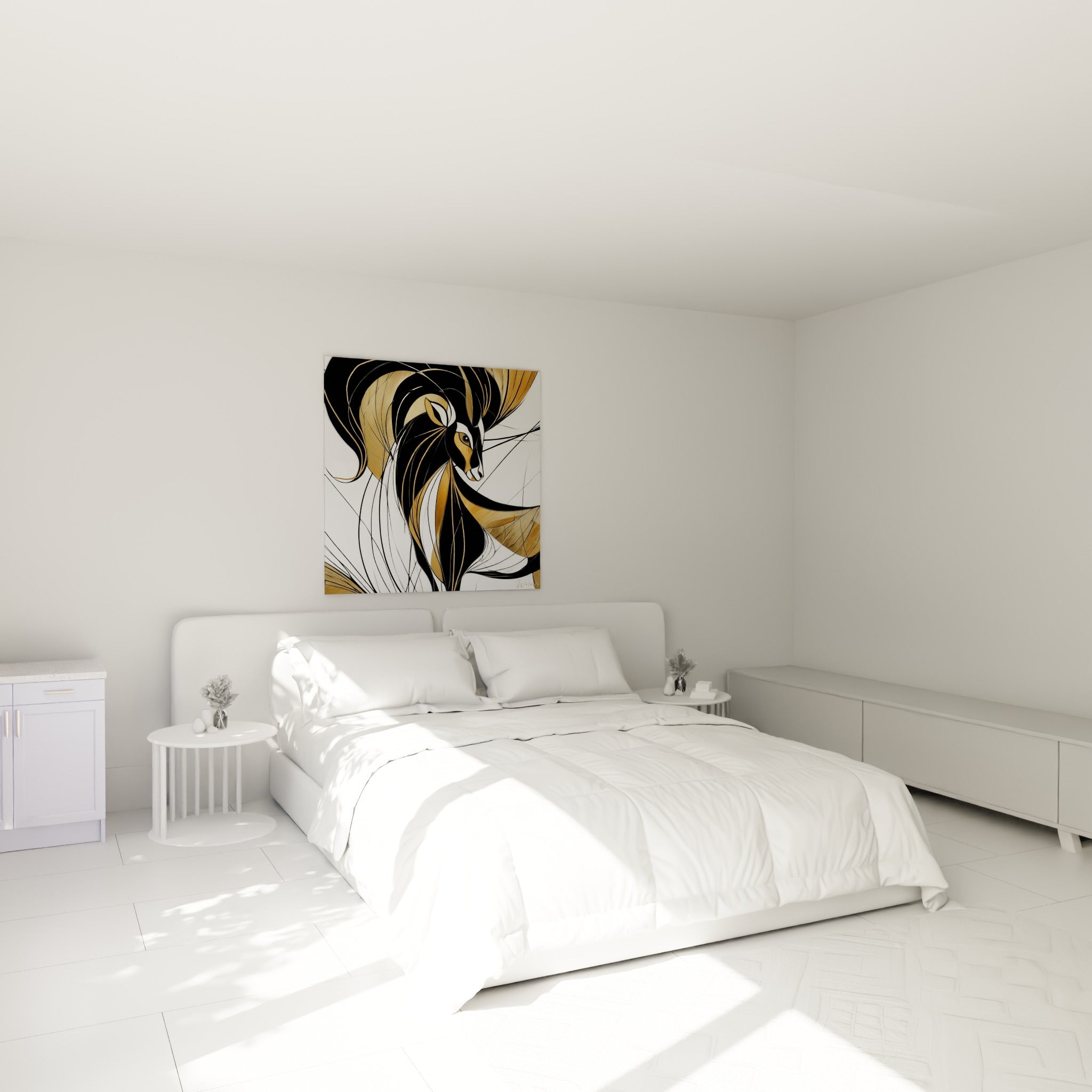 Cornes dorées et traits noirs du Bélier composent une œuvre accrochée au-dessus d'un lit dans une chambre claire
