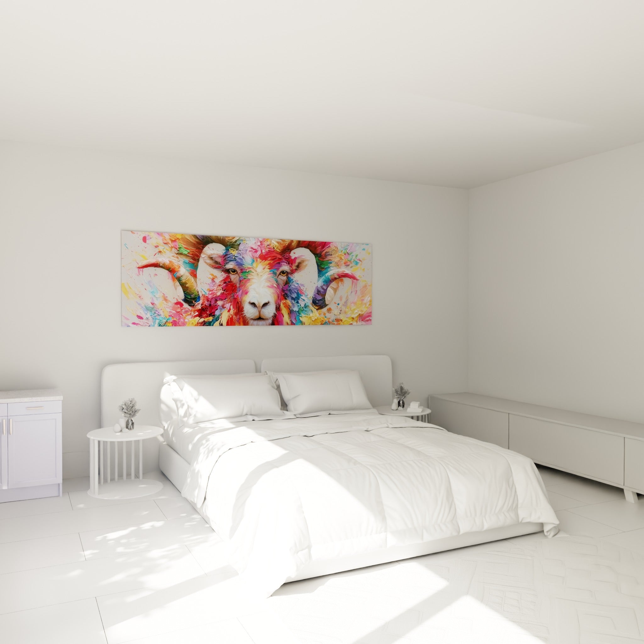 Cornes puissantes et robe fuchsia du bélier accrochées au-dessus d'un lit dans une chambre claire
