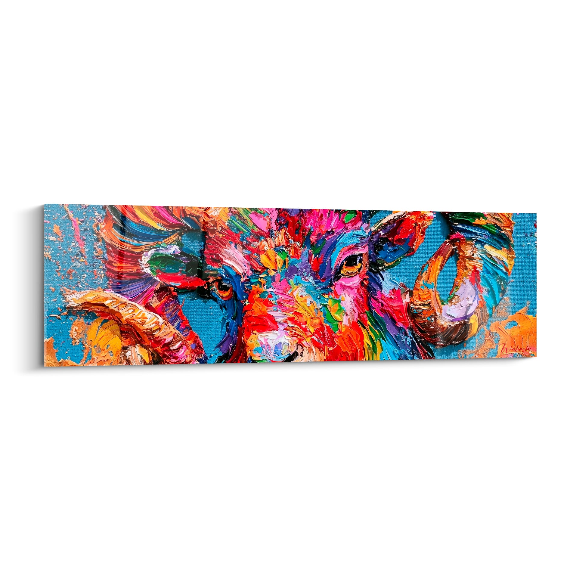 Bélier aux cornes dorées et pelage rose, orange et bleu marine peint à l'empâtement expressif