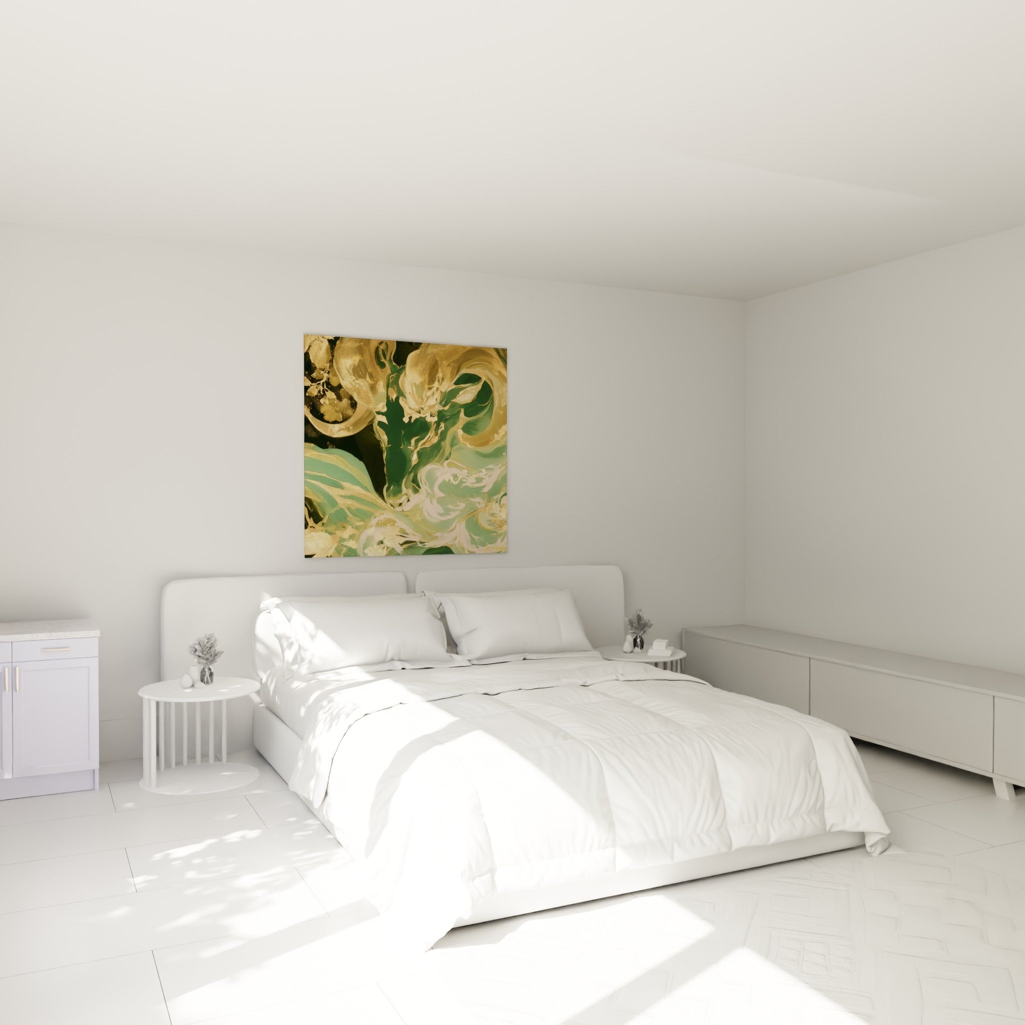 Cornes dorées du Bélier enroulées sur fond vert profond, au-dessus d'un lit dans une chambre claire