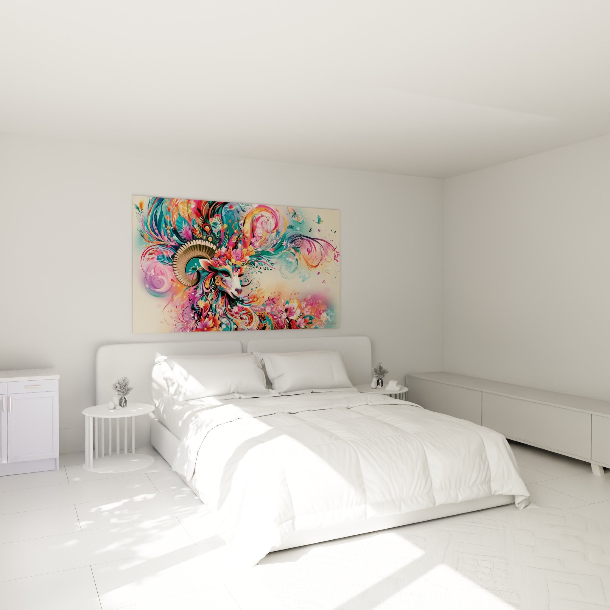 Motifs floraux corail et turquoise entourant la tête du bélier, au-dessus d'un lit dans une chambre claire