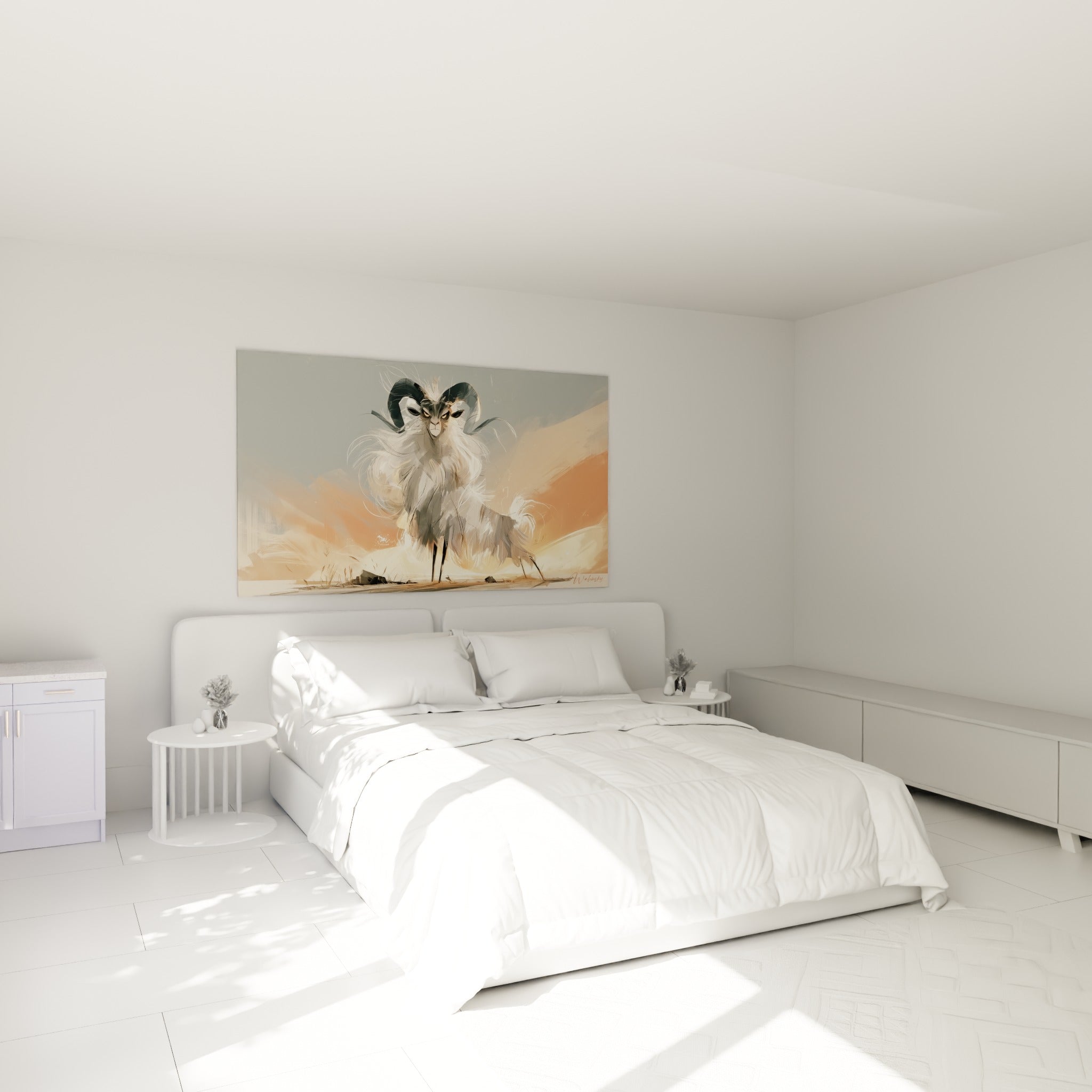 Cornes recourbées et pelage blanc du Bélier accroché au-dessus d'un lit dans une chambre claire
