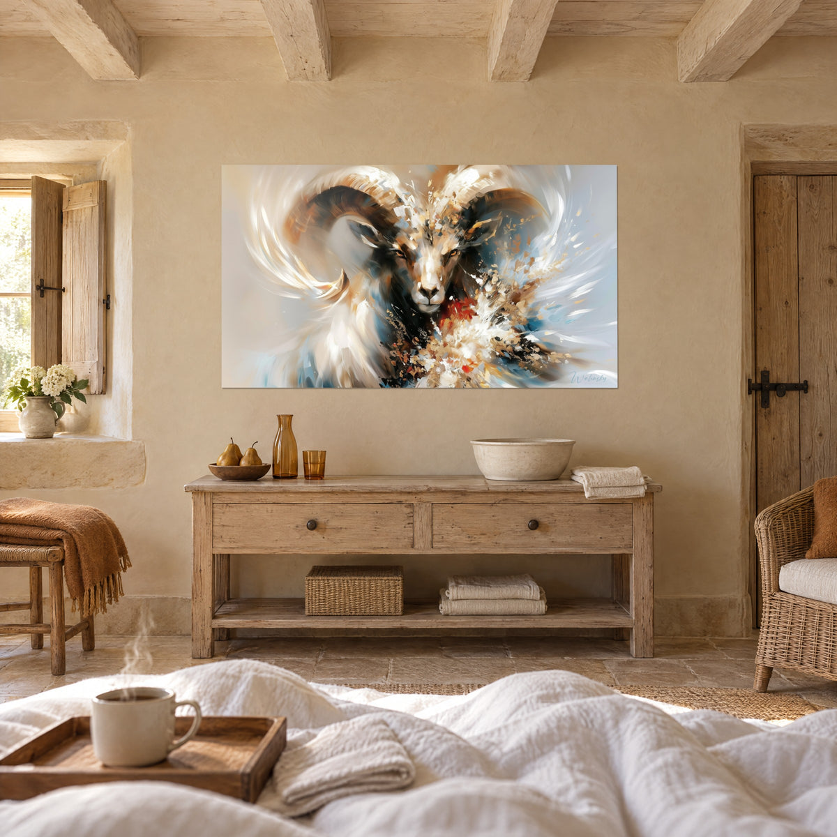 Wall art mouflon with white and golden horns, navy blue and red splashes, above a bed in a bright bedroom