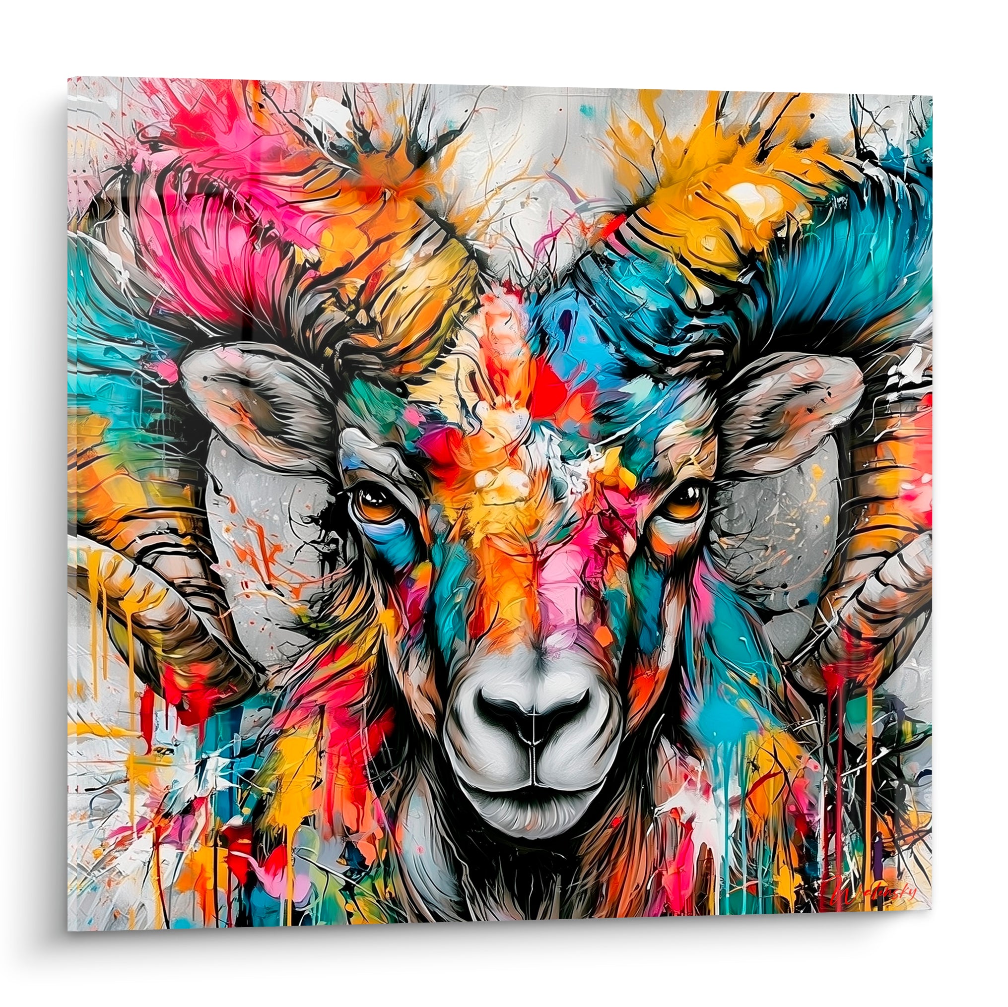 Bélier au regard ambré, cornes éclatées de rose fuchsia et bleu turquoise sur fond gris clair