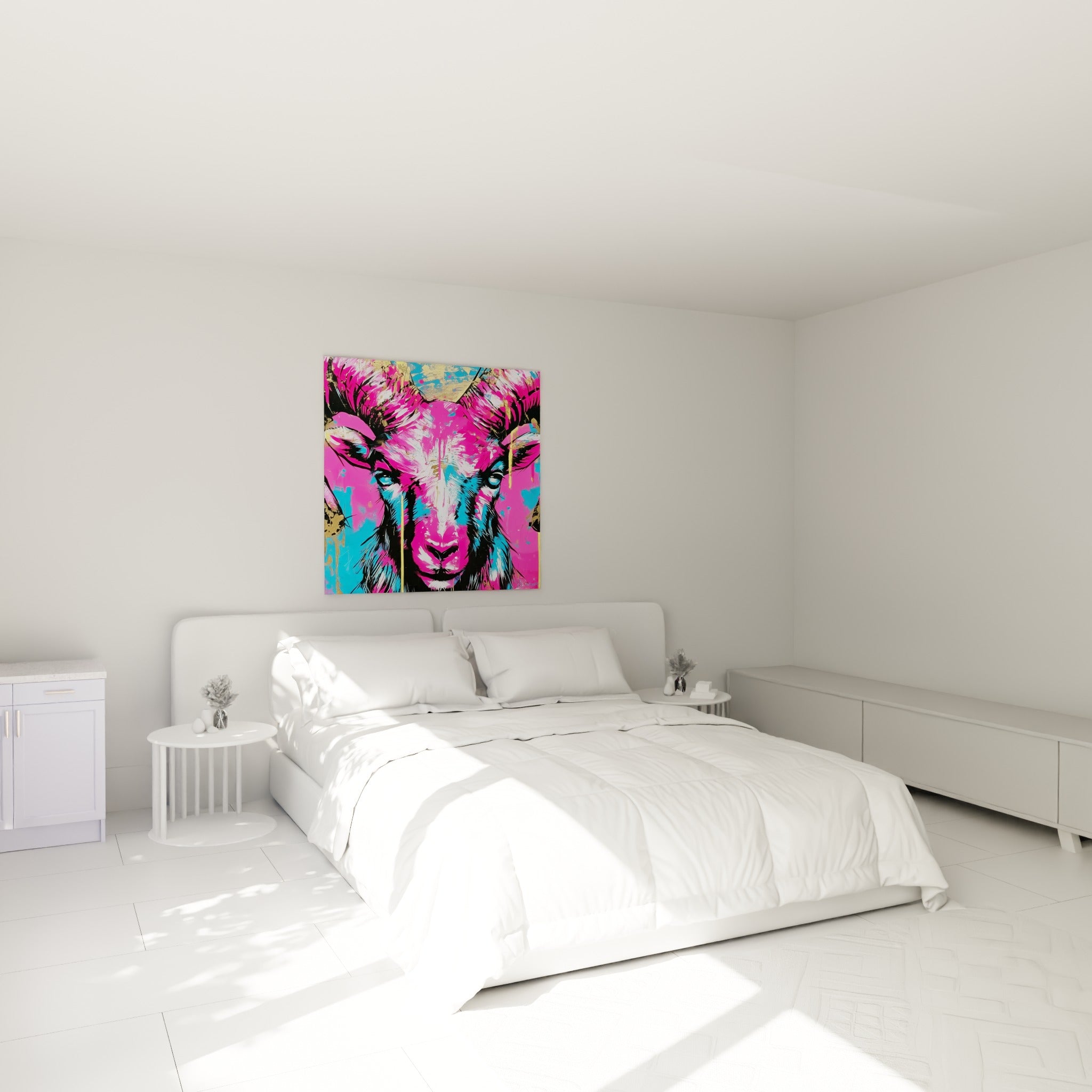 Cornes de bélier noires et fuchsia sur fond bleu doré, accrochées au-dessus d'un lit dans une chambre claire