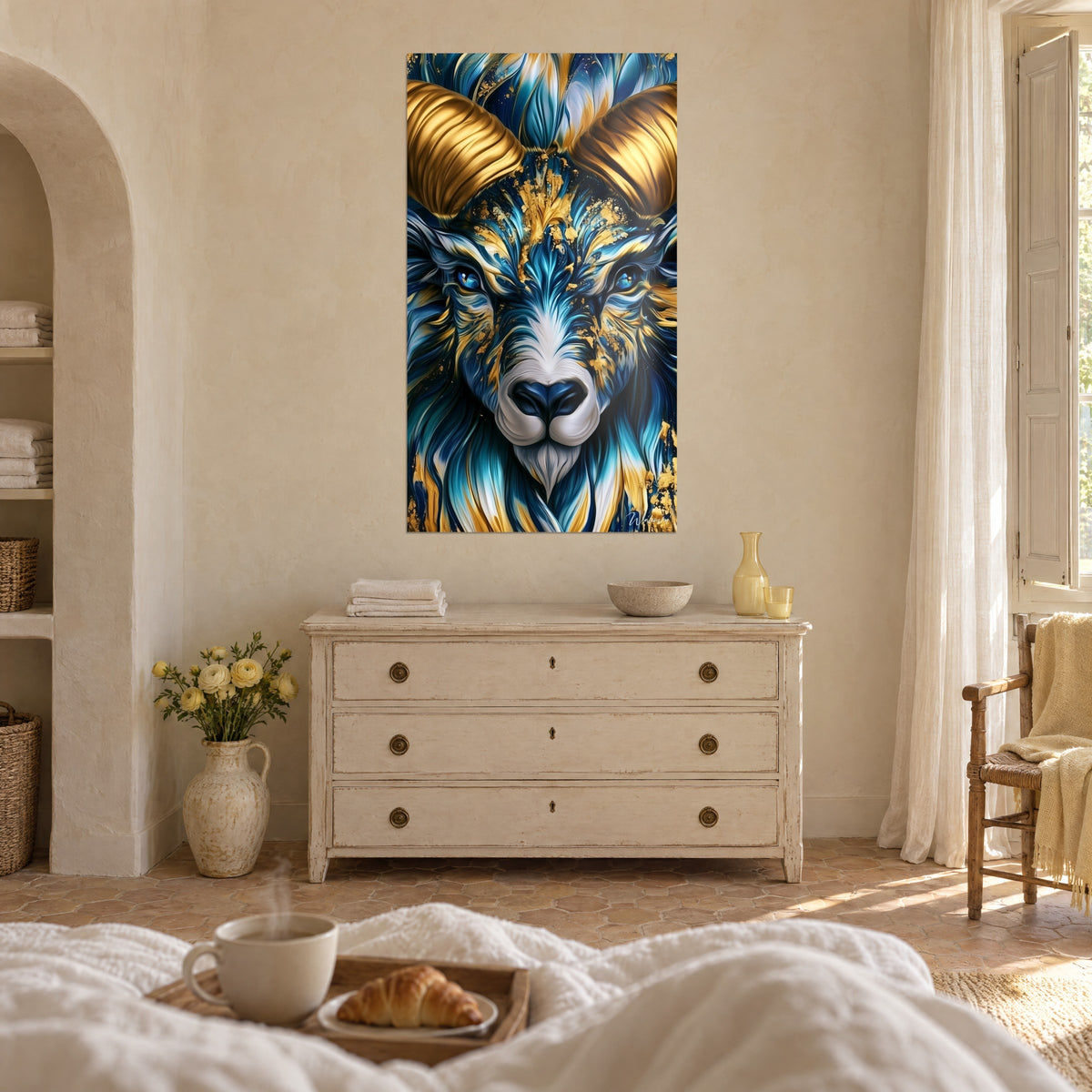 Tableau mouflon aux cornes spiralées dorées et poils bleu glacé, mur crème, commode blanche, au-dessus d'un lit dans une chambre claire